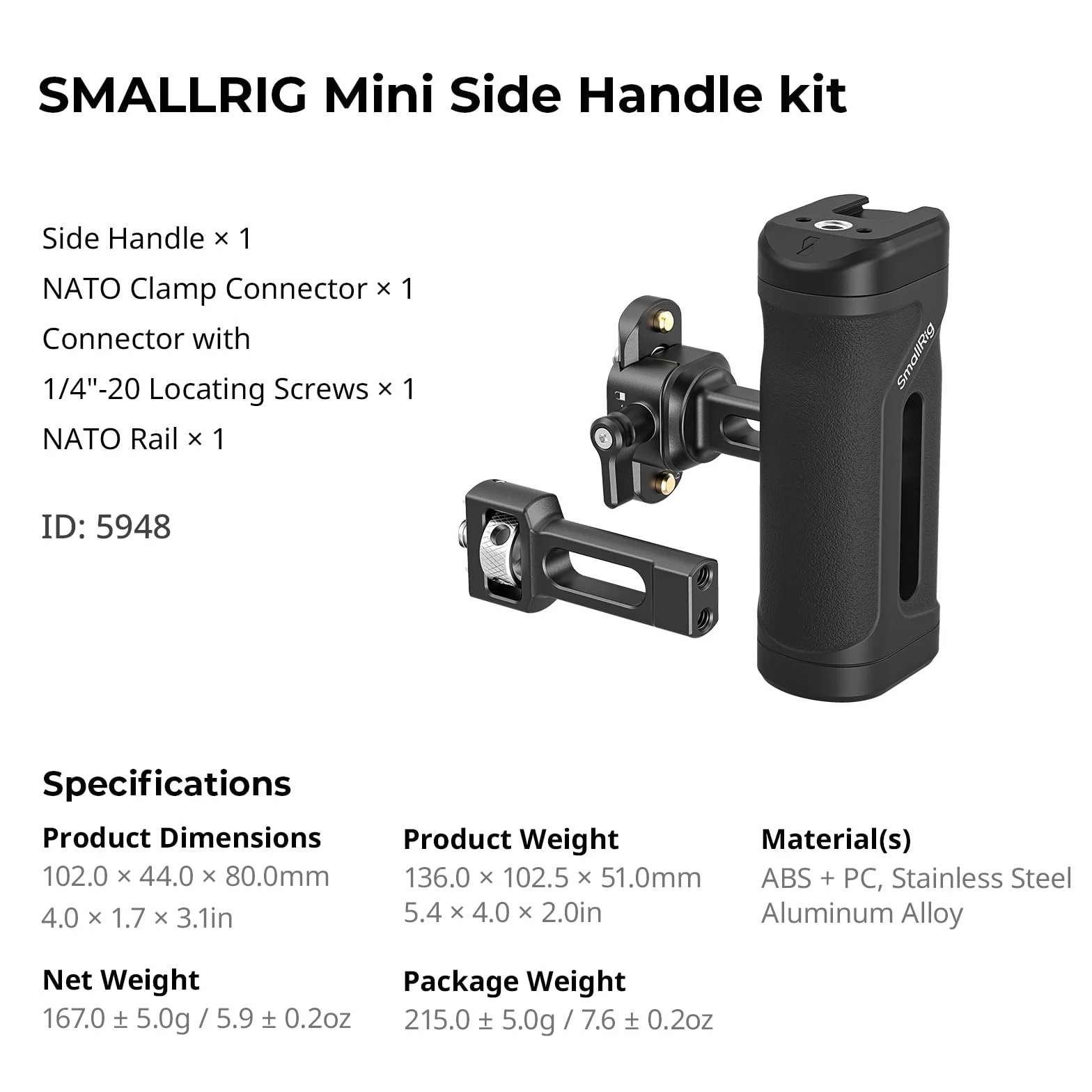 SMALLRIG Mini uchwyt boczny z szyną NATO lub śrubą mocującą 1/4"-20, ergonomiczny uchwyt do aparatu fotograficznego, regulowany w wysokości o 30 mm, zintegrowana stopka akcesoriów - 5948