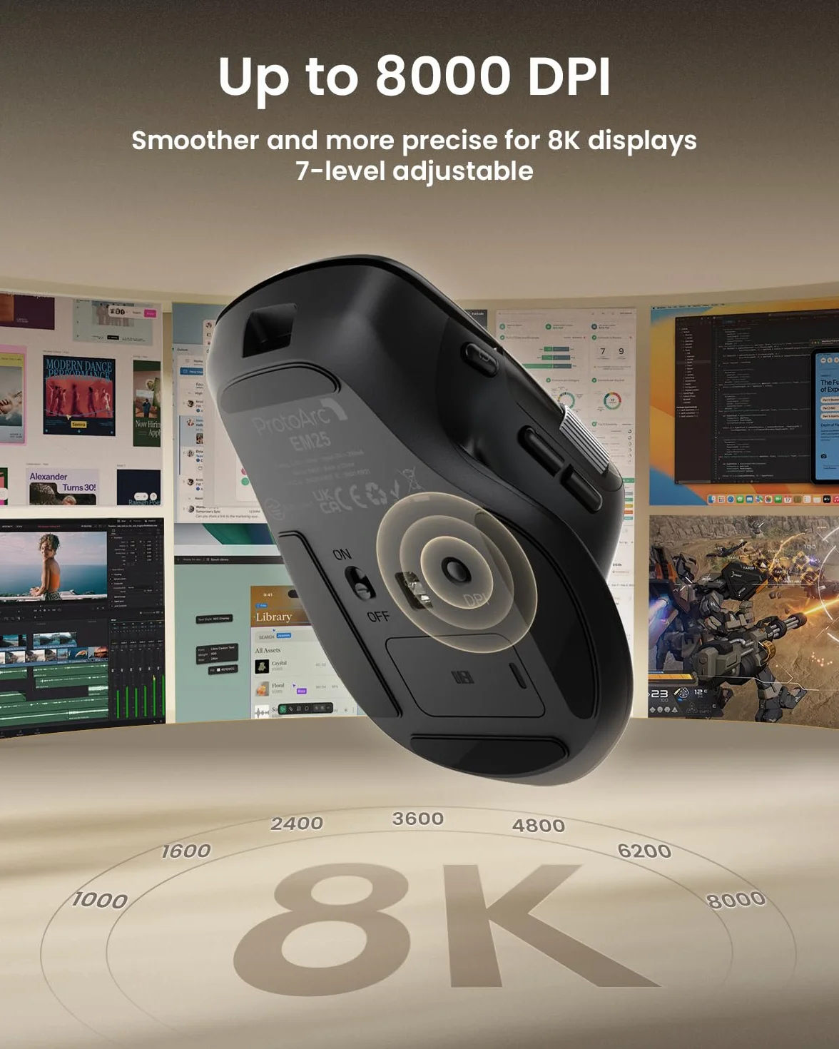 ProtoArc EM25 Ergonomiczna mysz z szybkim przewijaniem, bezprzewodowa 2,4 G + 2 x mysz komputerowa Bluetooth, przewijanie kciukiem, niestandardowy przycisk, akumulatorowa, 8K DPI, do Windows/Mac