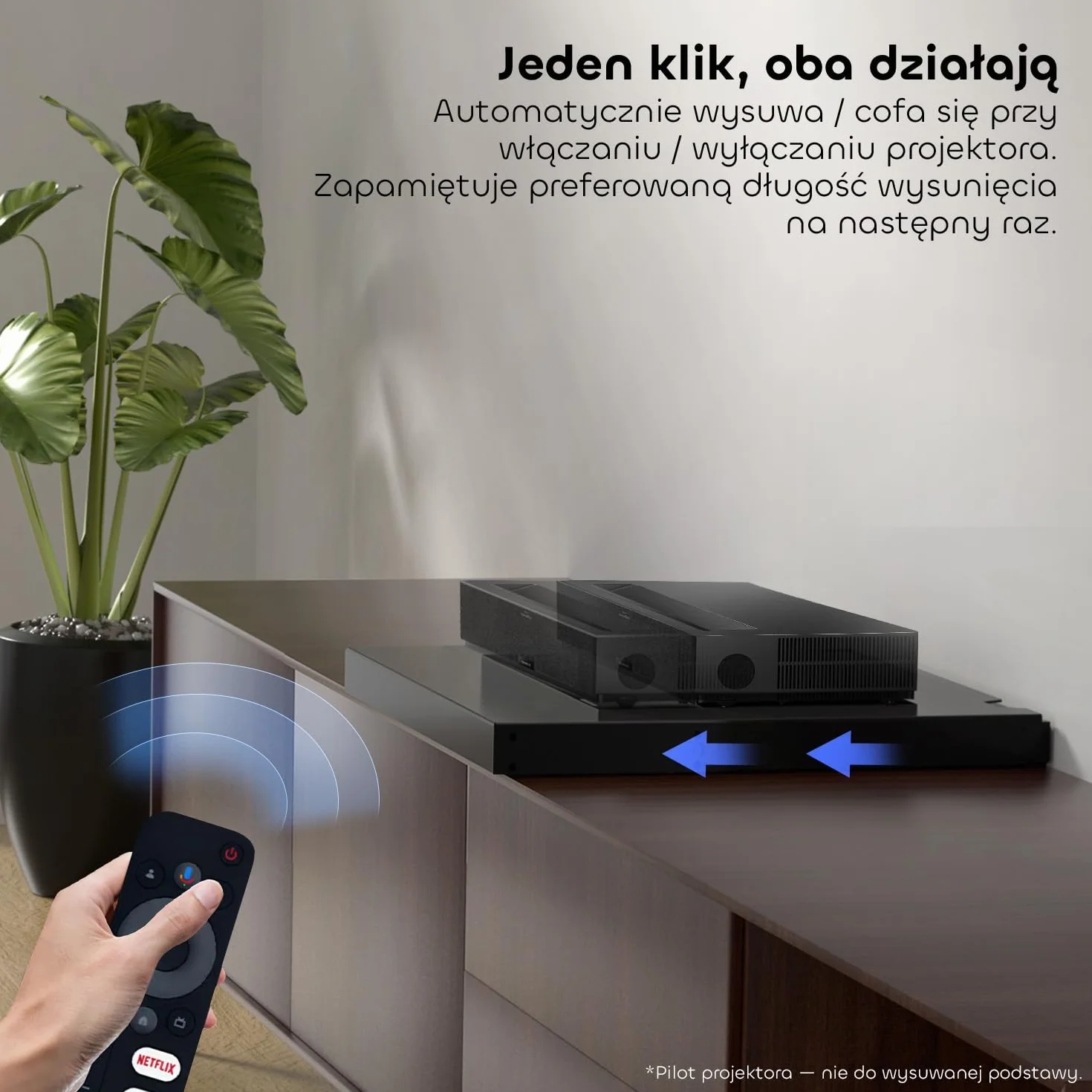 Zmotoryzowana półka przesuwna do projektora o bardzo krótkim dystansie, możliwość rozszerzenia 80"-150", automatycznie chowana półka teleskopowa, synchronizacja z wydajnością