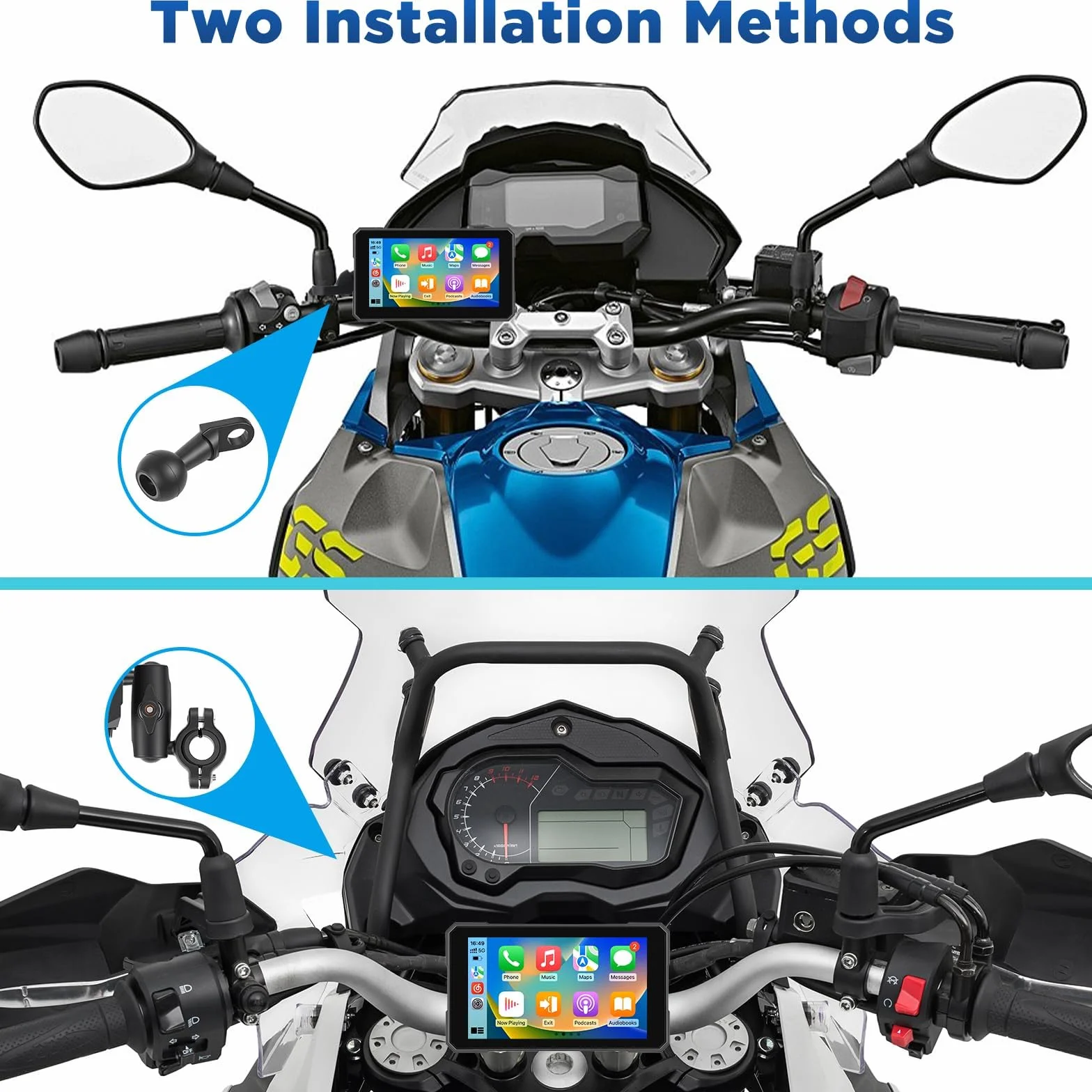 5-calowy wyświetlacz Motorfiets Carplay z bezprzewodowym CarPlay i Android Auto, wodoodporny IP67, 0z obsługą monitorowania ciśnienia w oponach, nawigacji GPS i sterowania głosowego – Nadaje się do