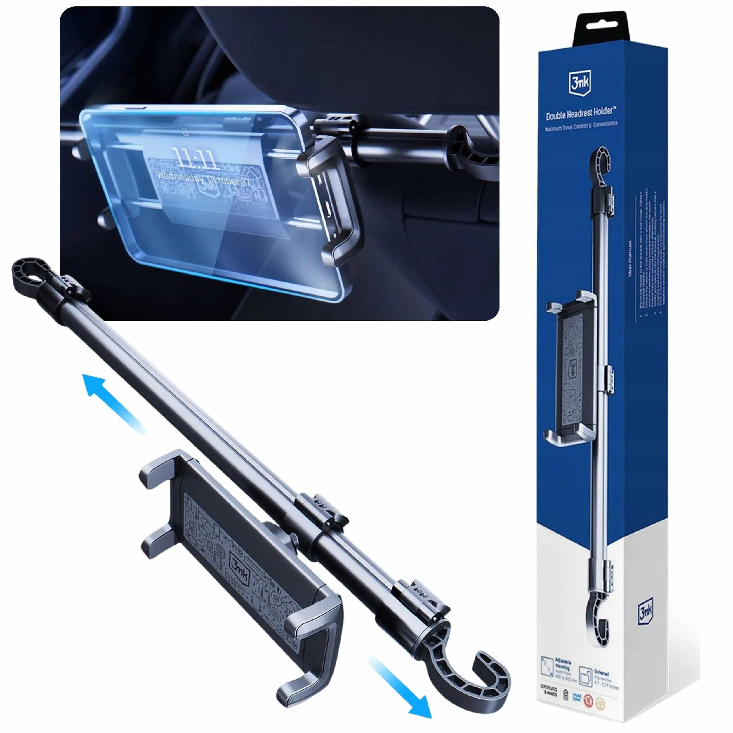 3mk Double Headrest Holder Uchwyt samochodowy do telefonu, tabletu