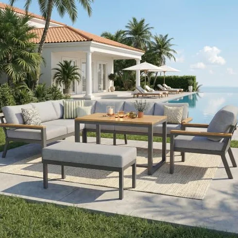 vutizal 8-osobowa modułowa sofa w kształcie litery L z 10 cm tapicerką, zestaw mebli ogrodowych na zewnątrz, meble tarasowe i balkonowe, ławka narożna, ręcznie tkana wiklina i stół WPC, płasko