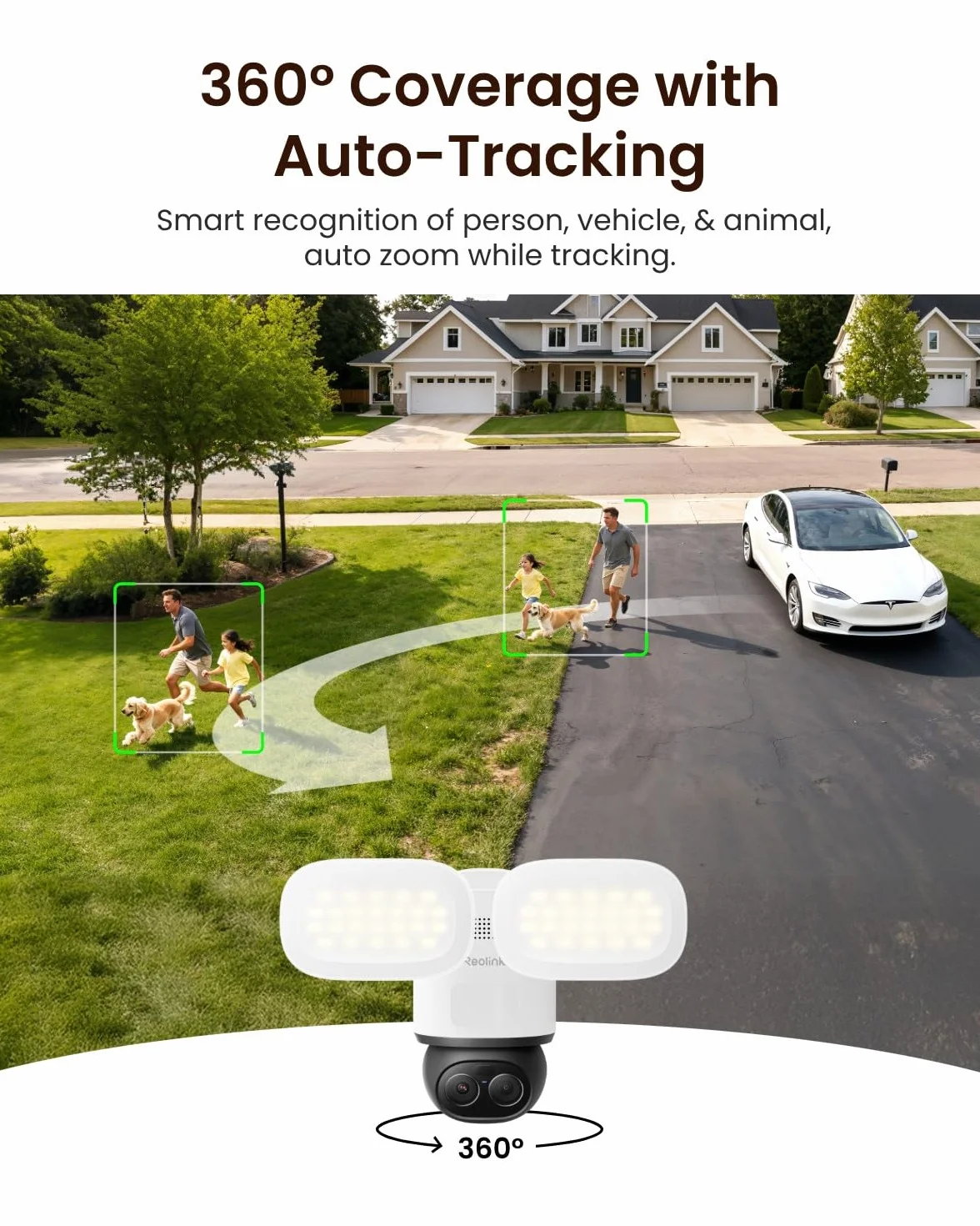 Reolink TrackFlex Floodlight WiFi 4K z podwójnym obiektywem, 360°PTZ, 6-krotny hybrydowy zoom, 3000 lumenów, inteligentne wykrywanie, lokalne wyszukiwanie wideo z wykorzystaniem sztucznej inteligencji