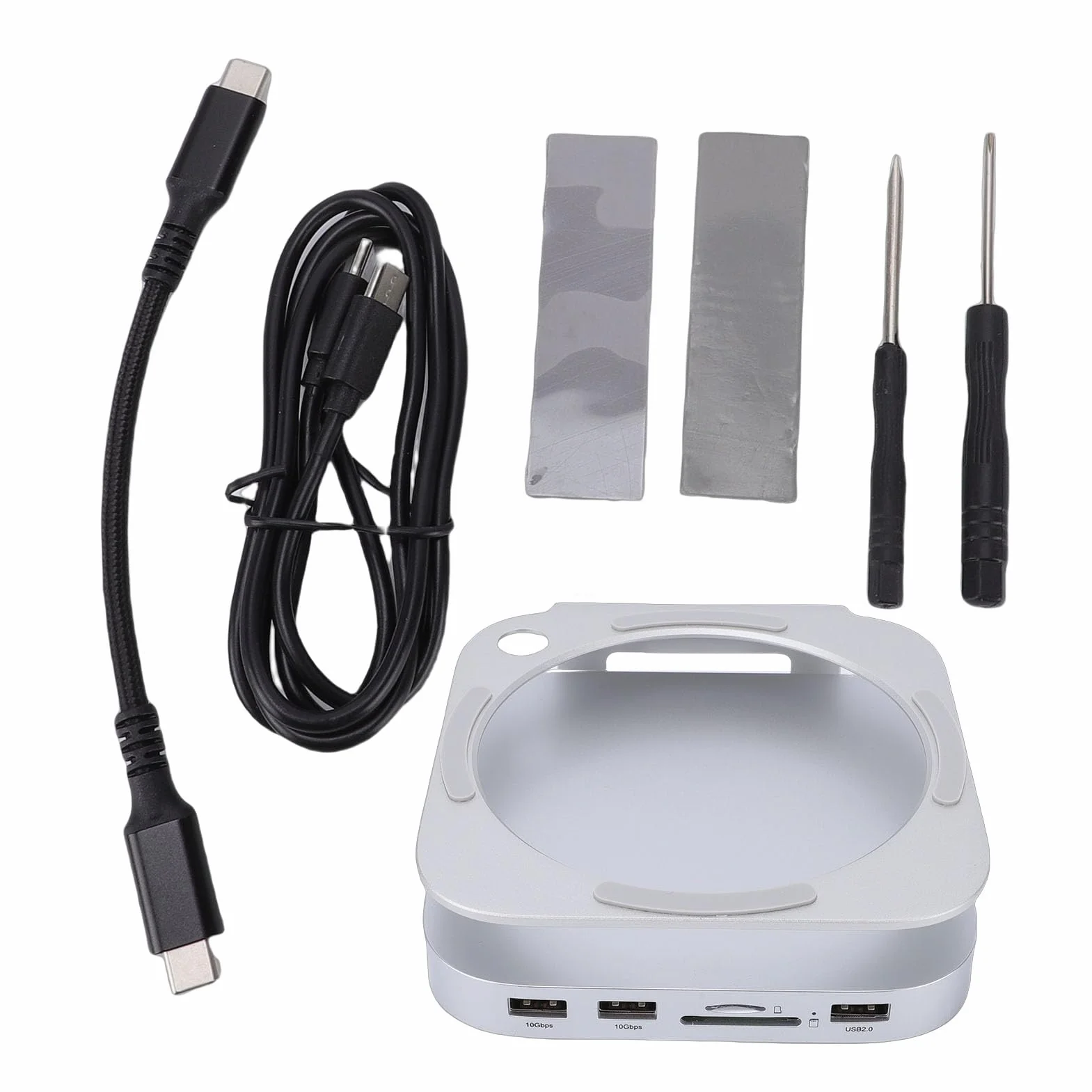 Stacja Dokująca Mini M4, Aluminiowa Podstawa z obudową Dysku SSD NVMe i 6 Portami, w Tym Czytnik Kart 10 Gb/s USB A, 4.0, Zasilanie USB C, do Komputera Stacjonarnego Mini M4