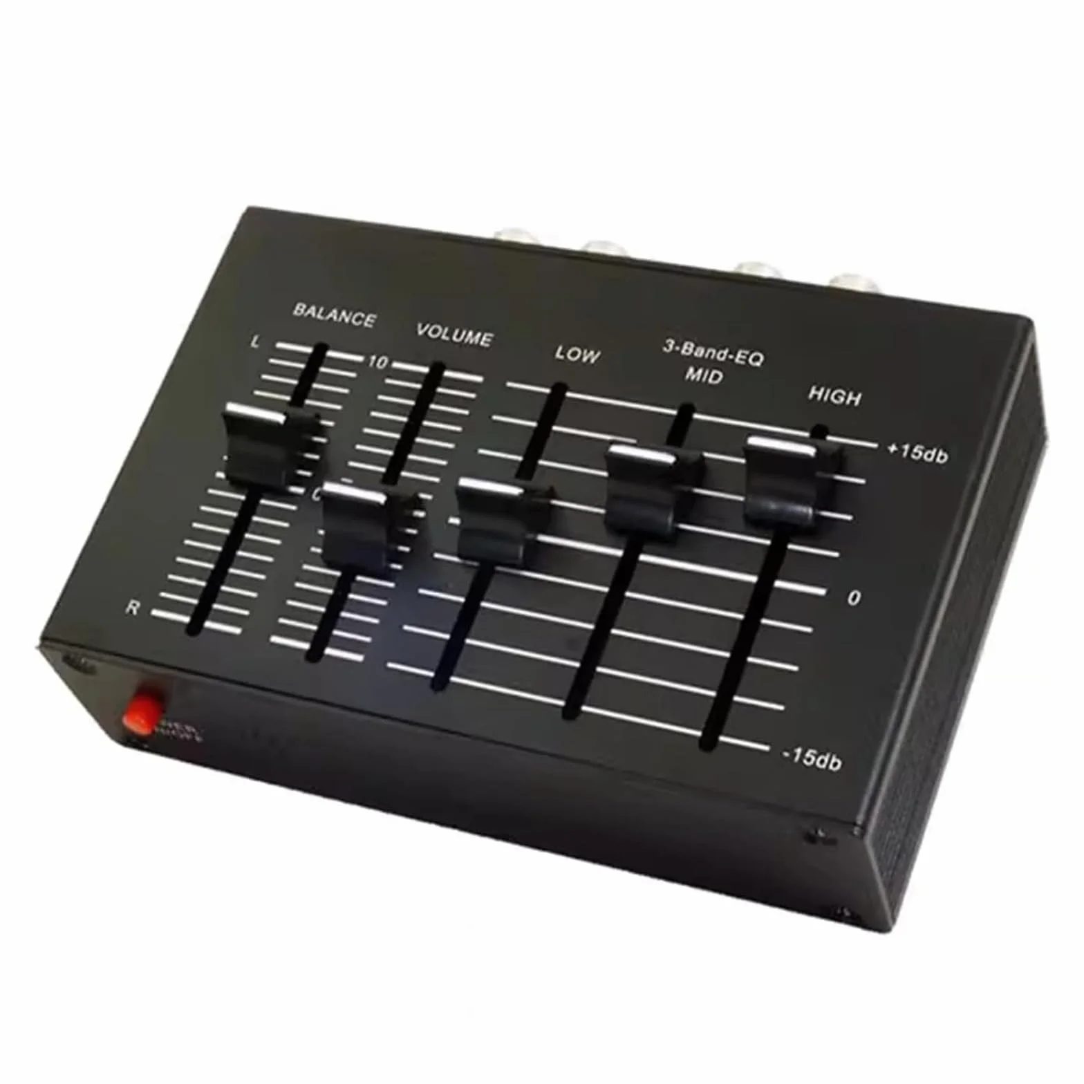 3-pasmowy korektor kanału dźwiękowego, stereofoniczny korektor, regulacja głośności wysokich, średnich i basowych, wyjścia/wejścia RCA, dla elektroniki, gramofonów i gitar.