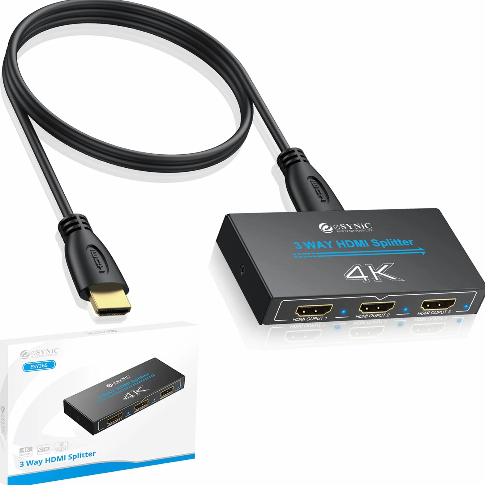 eSynic Rozdzielacz HDMI 4K HDMI rozdzielacz 1 w 3 out, jednocześnie obsługuje 4K 3D HD 1080P do Xbox PS4 PC HDTV