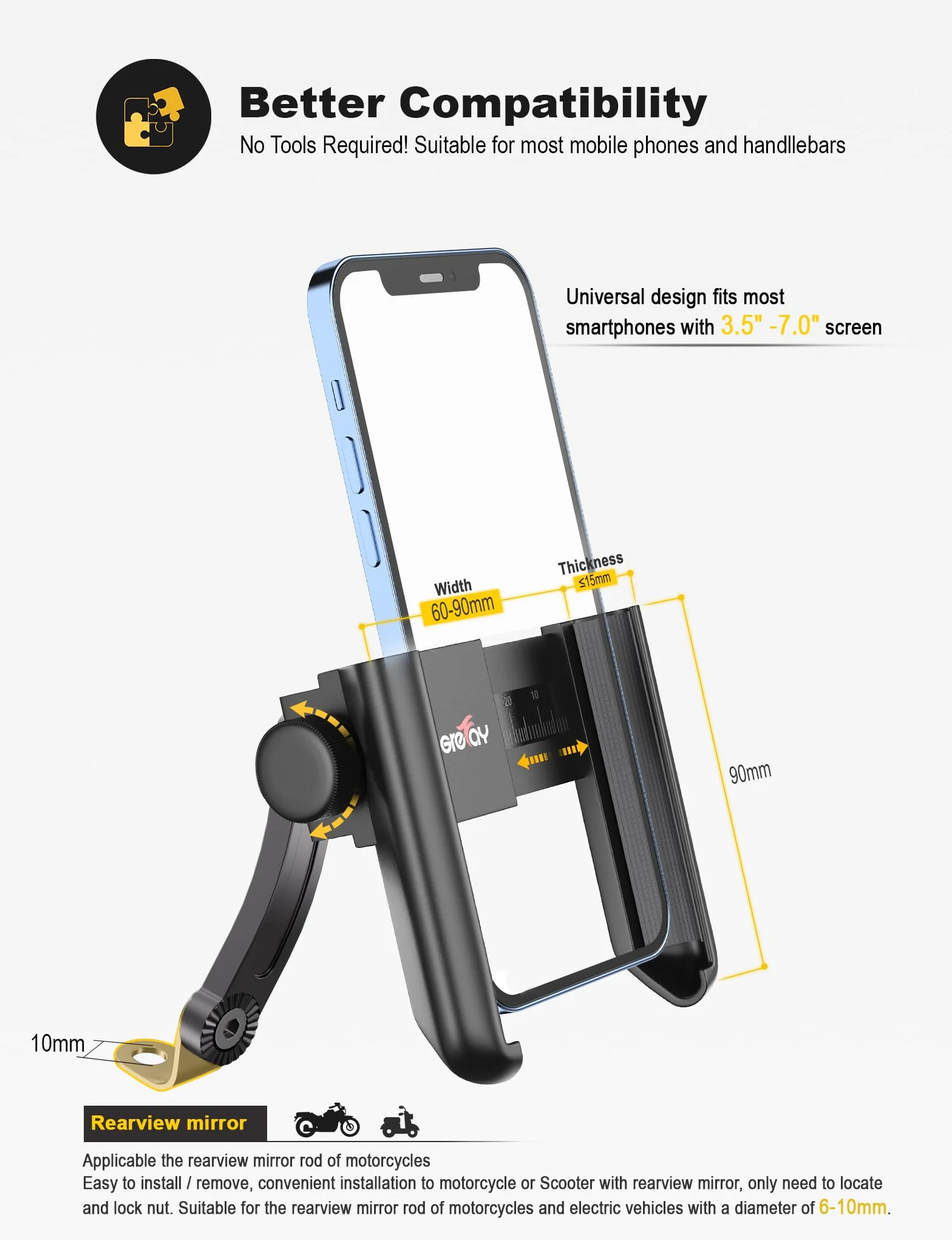 Grefay Motocyklowy Uchwyt na Telefon Komórkowy,Szybki Demontaż, Obracany o 360 Stopni Motocykl Uchwyt na Telefon do Smartfonów 3,5-7,0 Cali