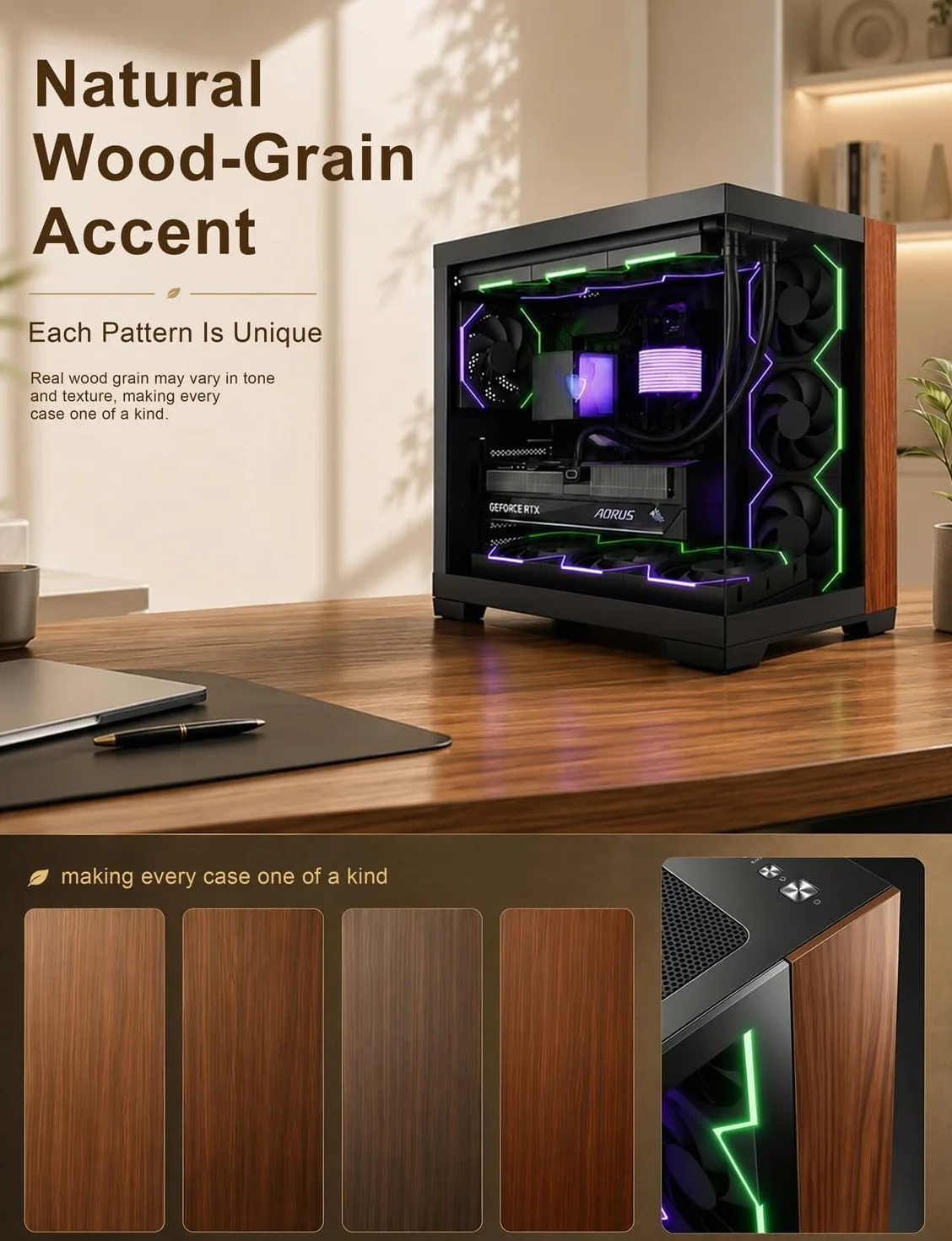 AsiaHorse Scutum Ultra ATX obudowa PC, Panorama Mid Tower z 6 wentylatorami Nyota Pro Reverse ARGB i koncentratorem Umbra, Back-Connect ATX, drewniany akcent, grzejnik 360 mm, typ C 20 Gbps, czarna