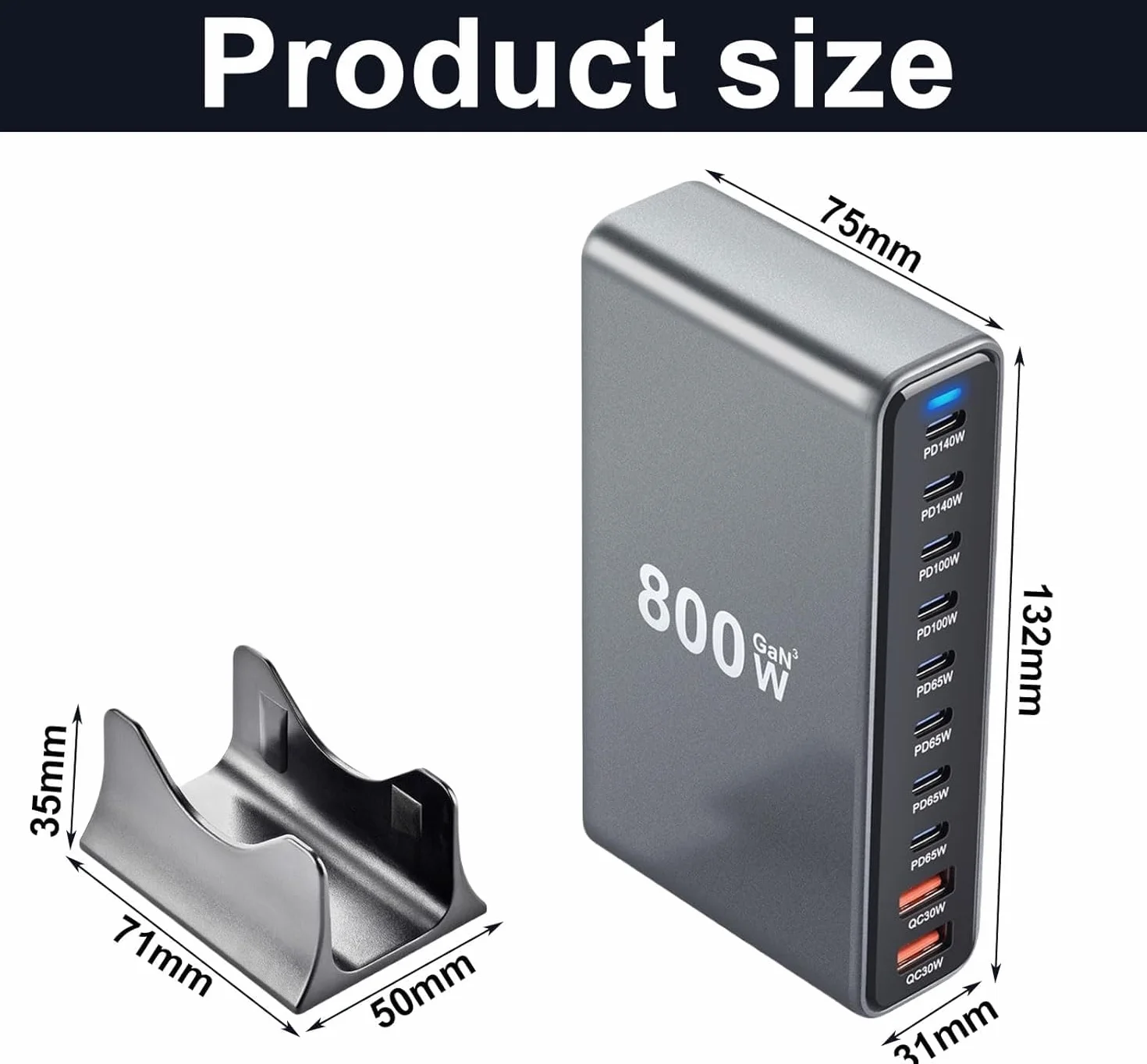 GaN III10 ładowarka USB C, 800 W, wiele portów USB, stacja ładująca 8 USB C i 2 USB A, szybka ładowarka, stacja ładująca, kompaktowa wielofunkcyjna ładowarka do laptopów (800 W + kabel do