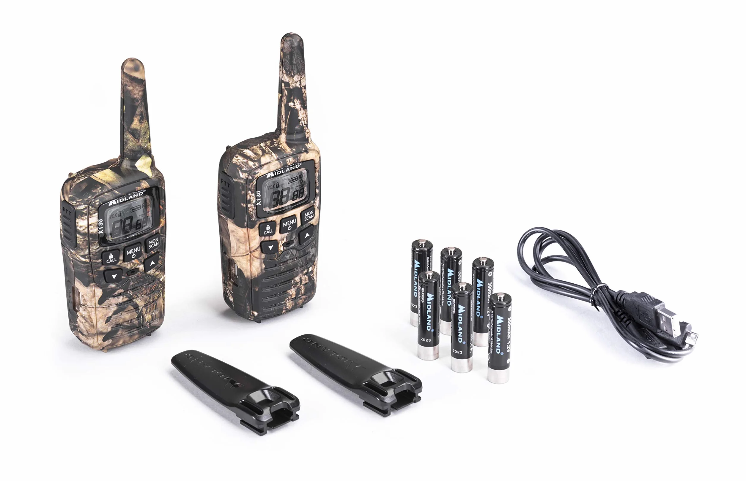 Midland XT30 Mimetic Walkie Talkies akumulator dalekiego zasięgu – dwukierunkowe radio z teksturą mimetyczną – licencja PMR 446, 16 kanałów, zasięg 6 km, 38 dźwięków CTCSS, funkcja VOX, kabel USB