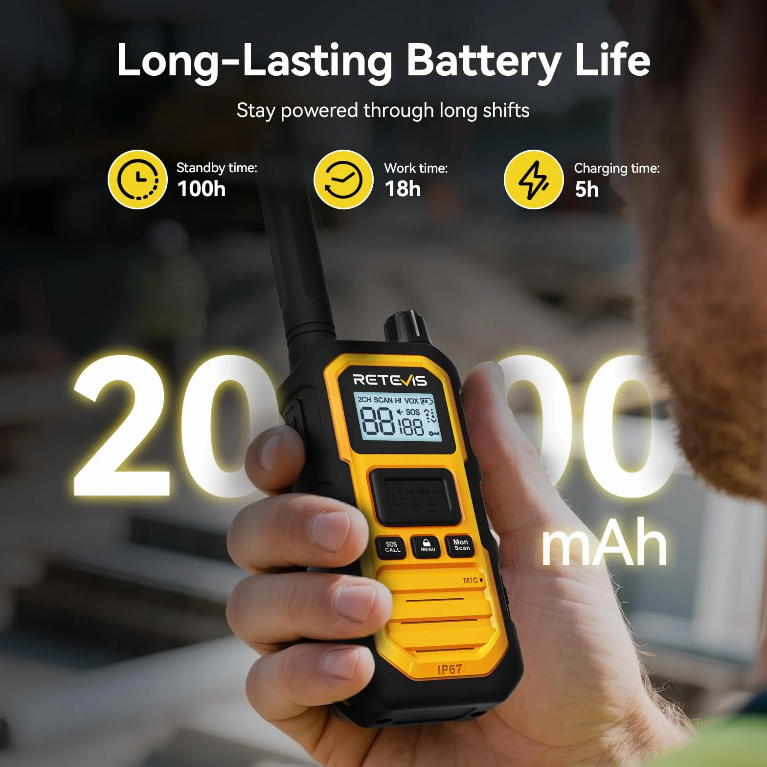 Retevis RB648 Plus Radiotelefony o Dużym Zasięgu, Wodoszczelne IP67 z 10-drożną ładowarką, 2000 mAh, Krótkofalówki dla Dorosłych z Czystym Dźwiękiem do Zastosowań Budowlanych (10 Szt., żółte)