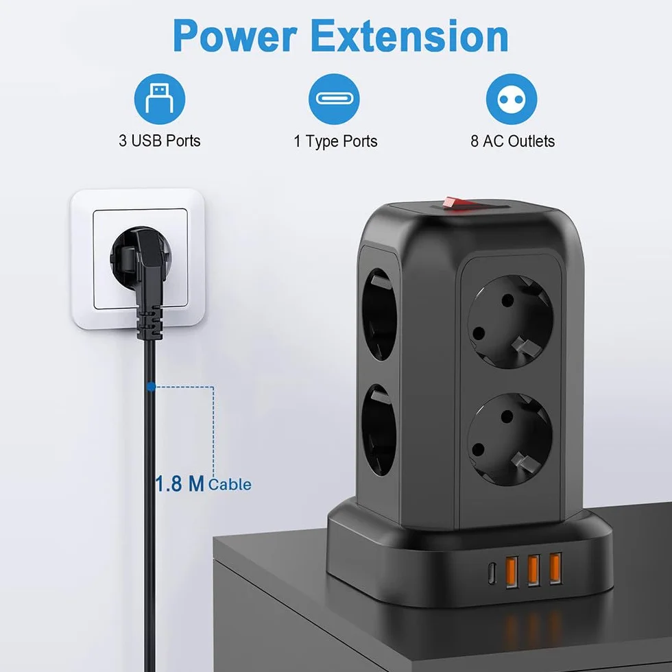 Gniazdo zasilające Multi Tower, wiele gniazd, 2500 W, przedłużacz z 3 portami USB, 1 portem typu C, odpowiednie do różnych zastosowań (11 x 11 x 17 cm)