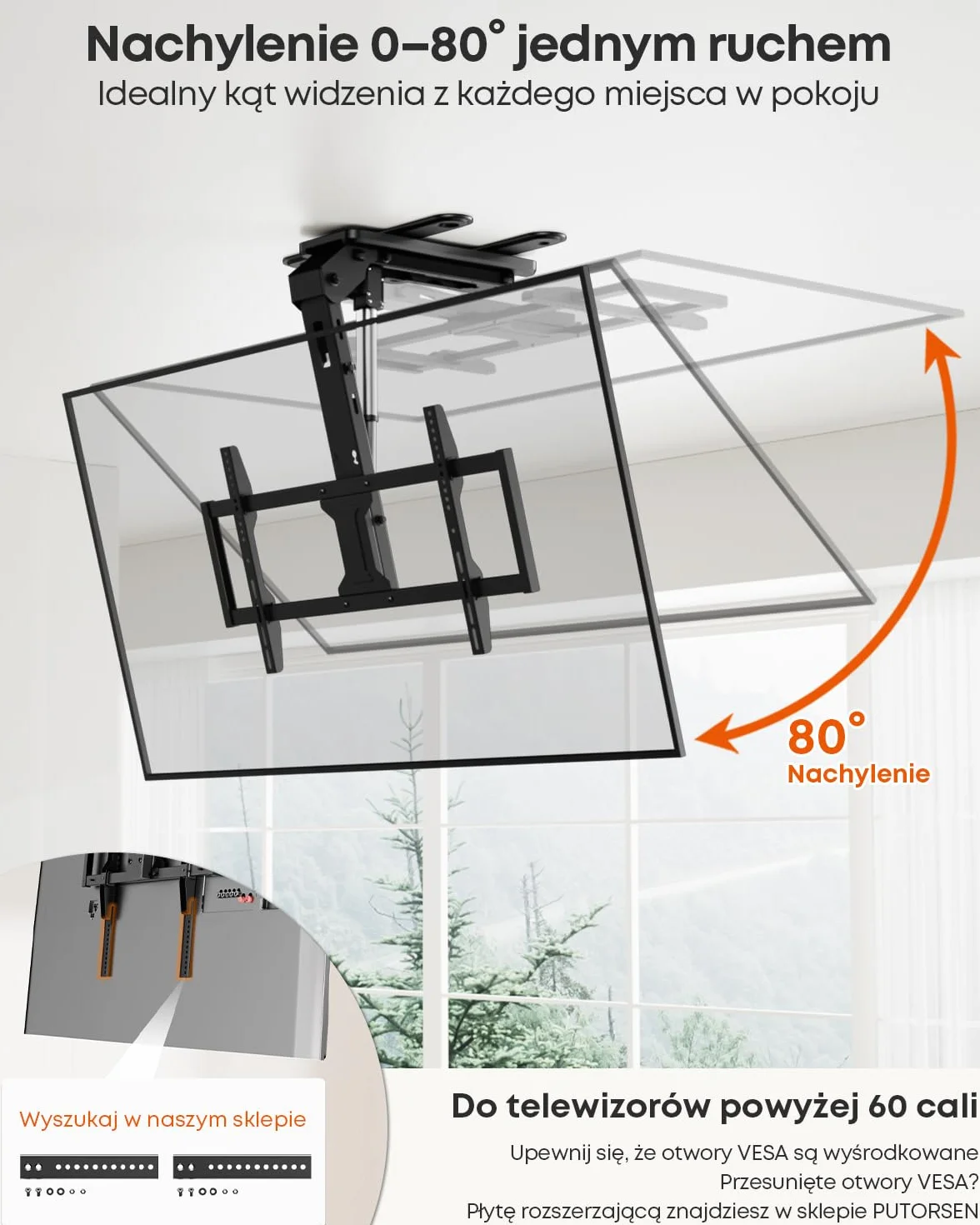 Elektryczny Uchwyt Sufitowy do TV Flip Down – Zmotoryzowany Uchwyt TV 37–86 Cali z Pilotem, Maks. Obciążenie 45 kg, VESA do 800x400 mm, Czarny
