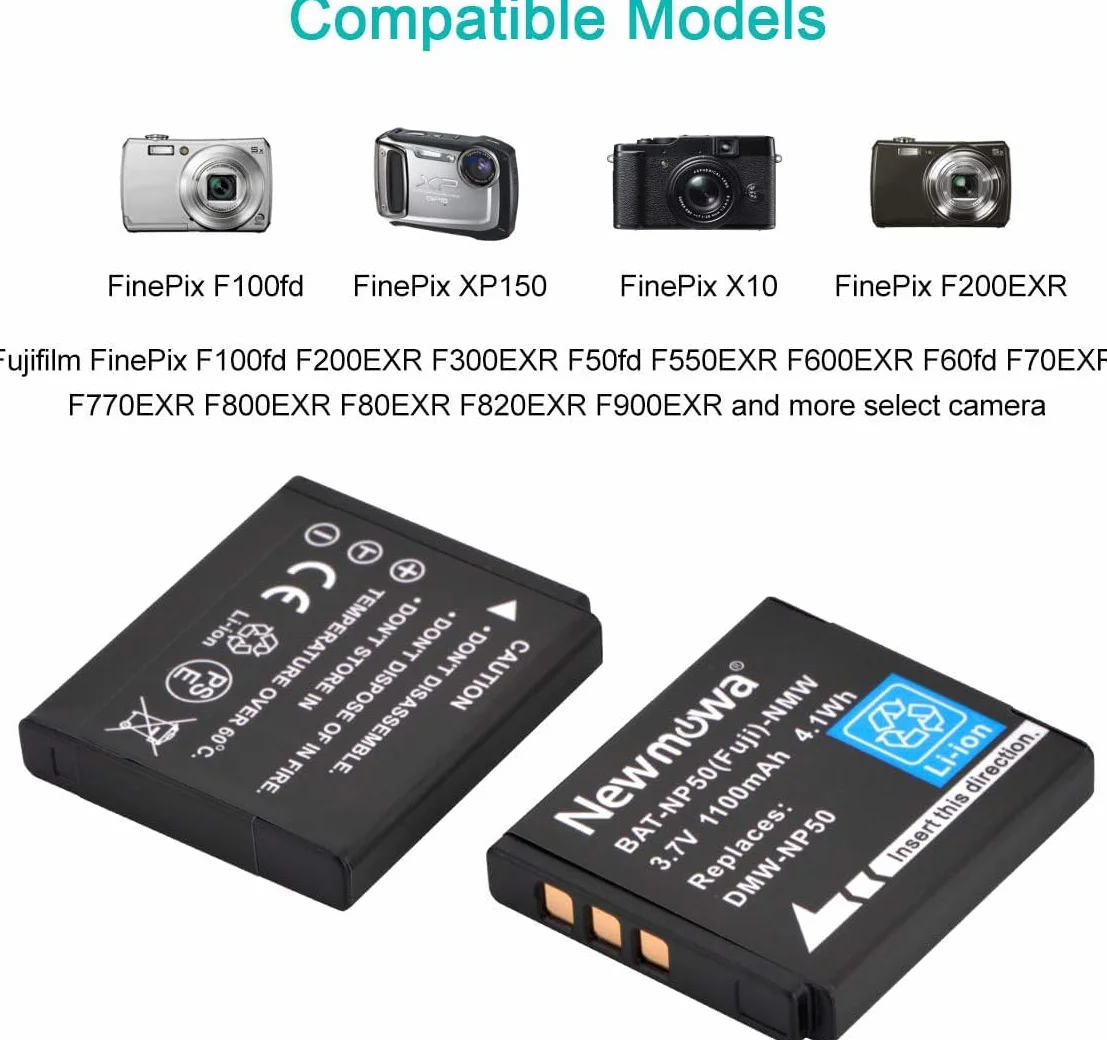 Newmowa NP-50 Zapasowa bateria (2-pak) i przenośna ładowarka USB do Fujifilm FinePix F100fd; FINEPIX F200EXR; FinePix F300EXR; FinePix F50fd; FinePix F550EXR; FinePix F600EXR