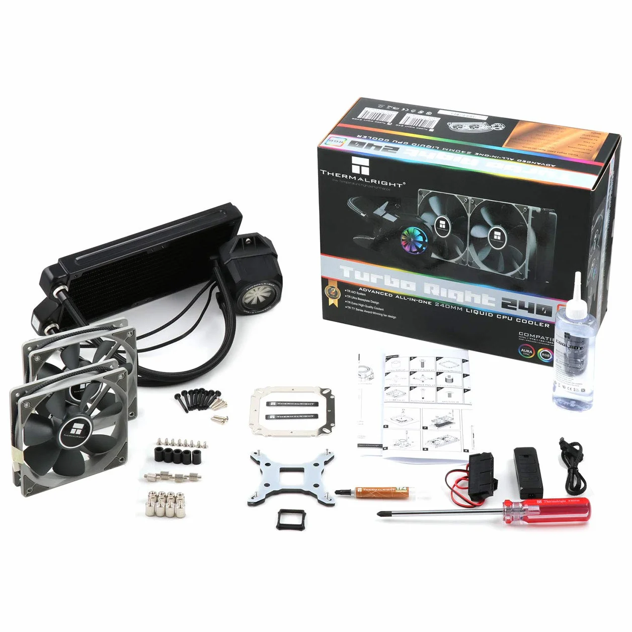 Themalright Turbo Right 240C, kompaktowe chłodzenie wodne 240 mm do Intel i AMD CPU, 2 x wentylator PWM 120 mm (600-1800 obr./min, 19-25 dB(A), 43,77-131,3 m³/h), oświetlenie RGB (AURA i M