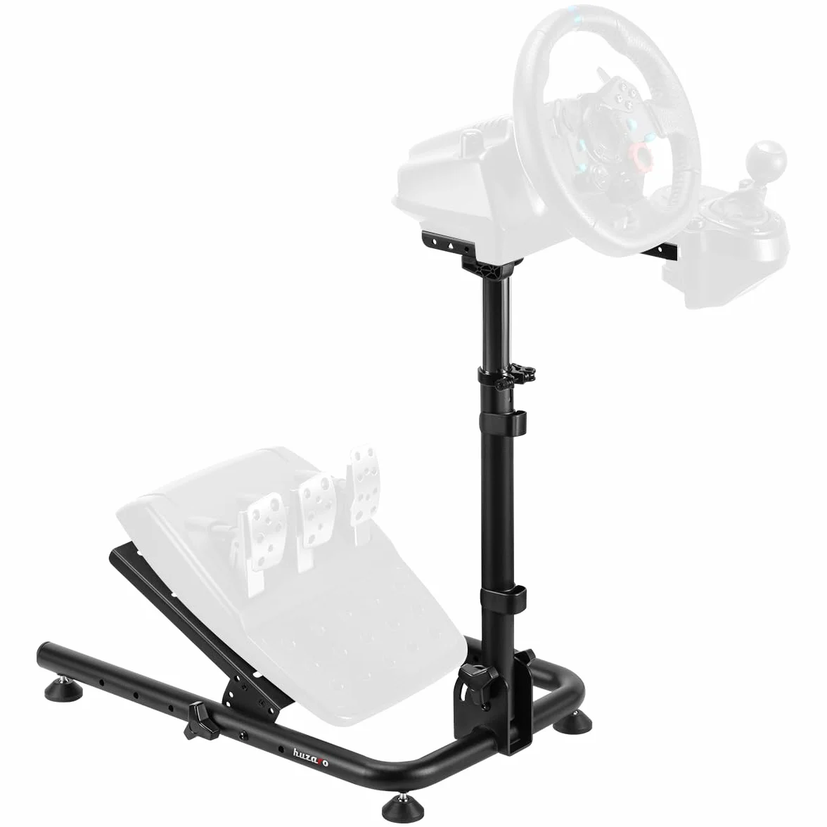 huzaro Speed 2.0, regulowany uchwyt na kierownicę wyścigową, kompatybilny z Logitech Fanatec Thrustmaster, stabilna konstrukcja stalowa, regulowana wysokość i kąt, składane, antypoślizgowe podkładki
