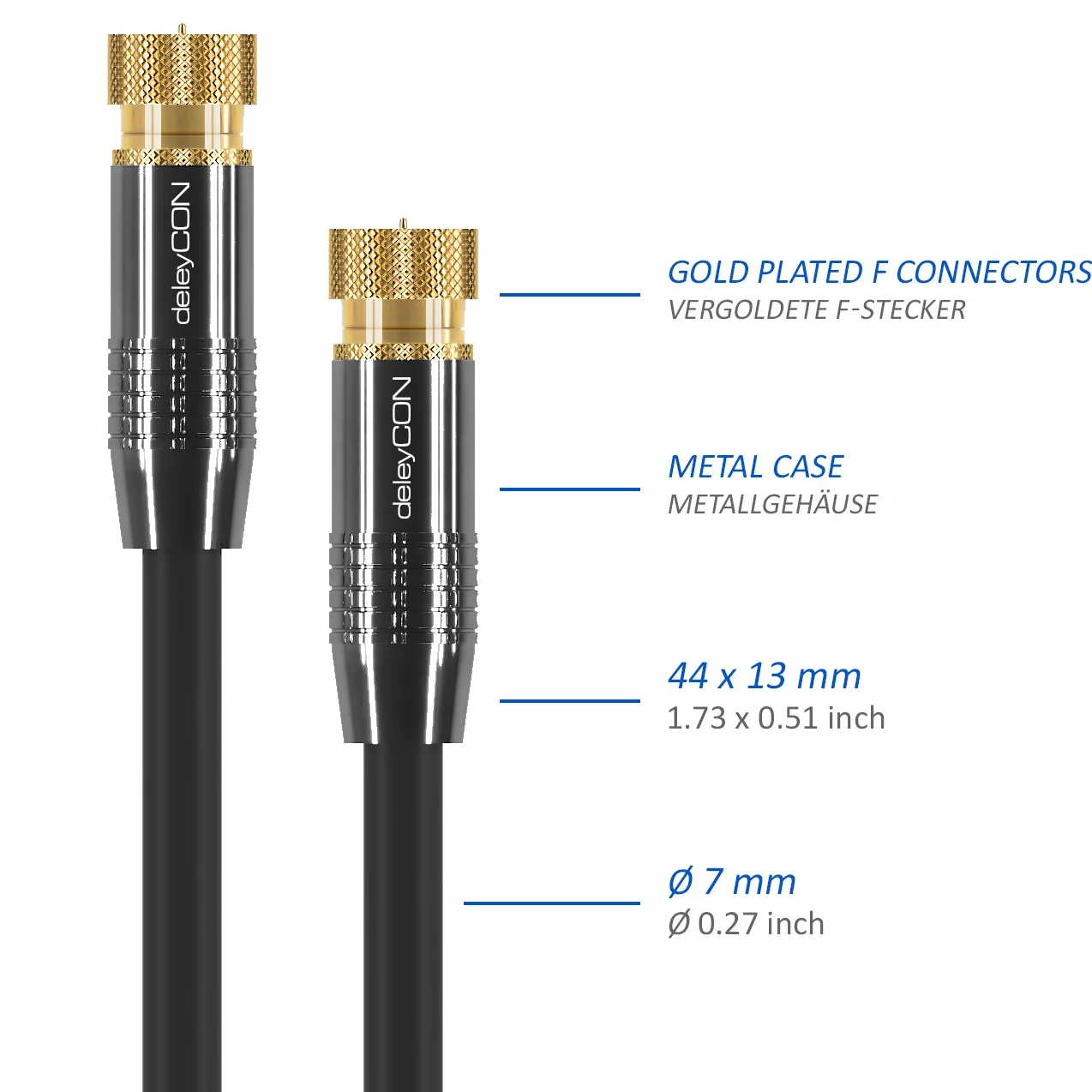 deleyCON 20m Kabel Antenowy SAT Koncentryczny DVB-S/S2 4K Ultra HD HDTV 2x Wtyk F Metalowe Złącza Czarny