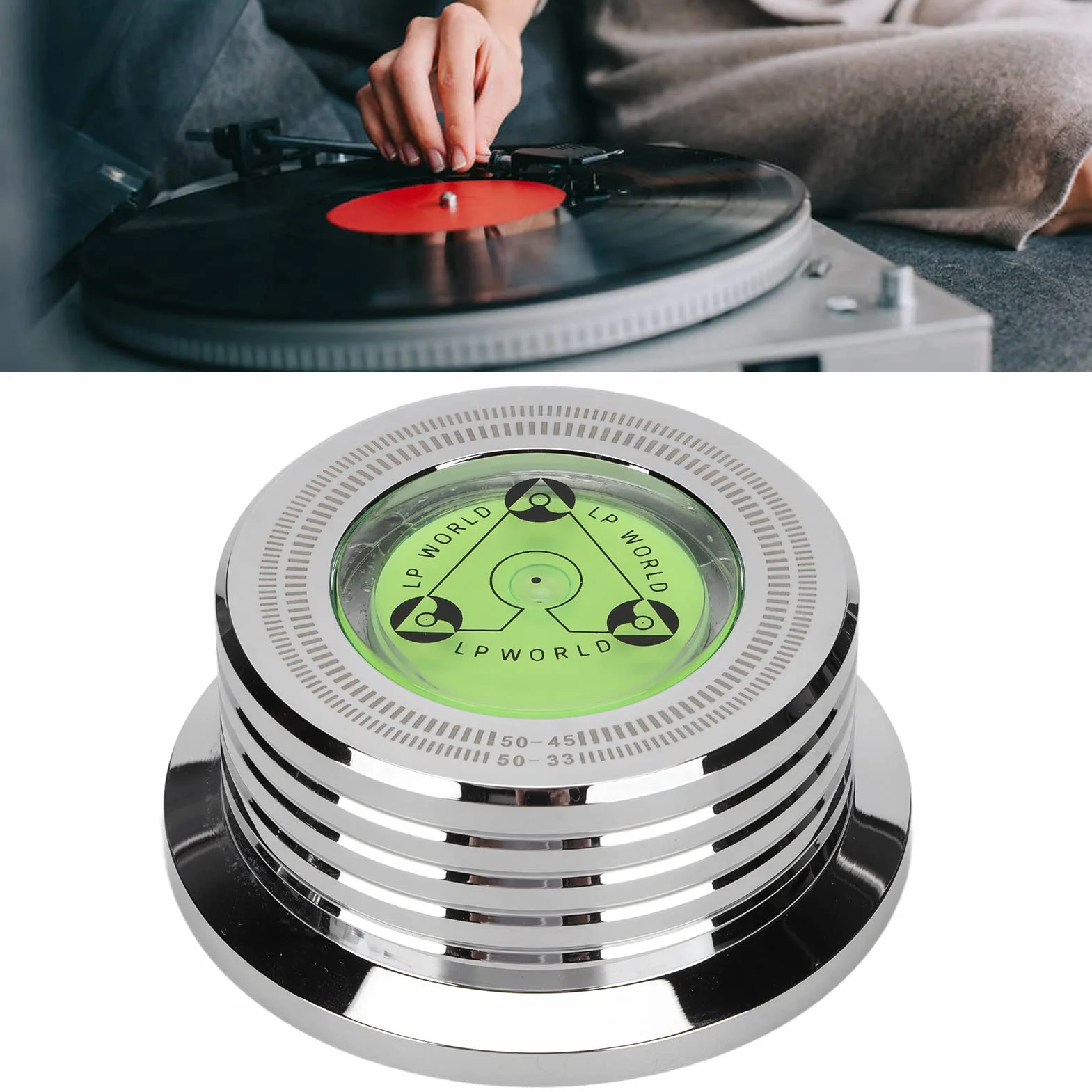 Ejoyous Stabilizator Ciężaru Płyty, Aluminiowy Zacisk Tarczy Gramofonu do Eliminacji Wibracji i Redukcji Szumów z wbudowaną poziomicą dla Audiofilów (SILVER)