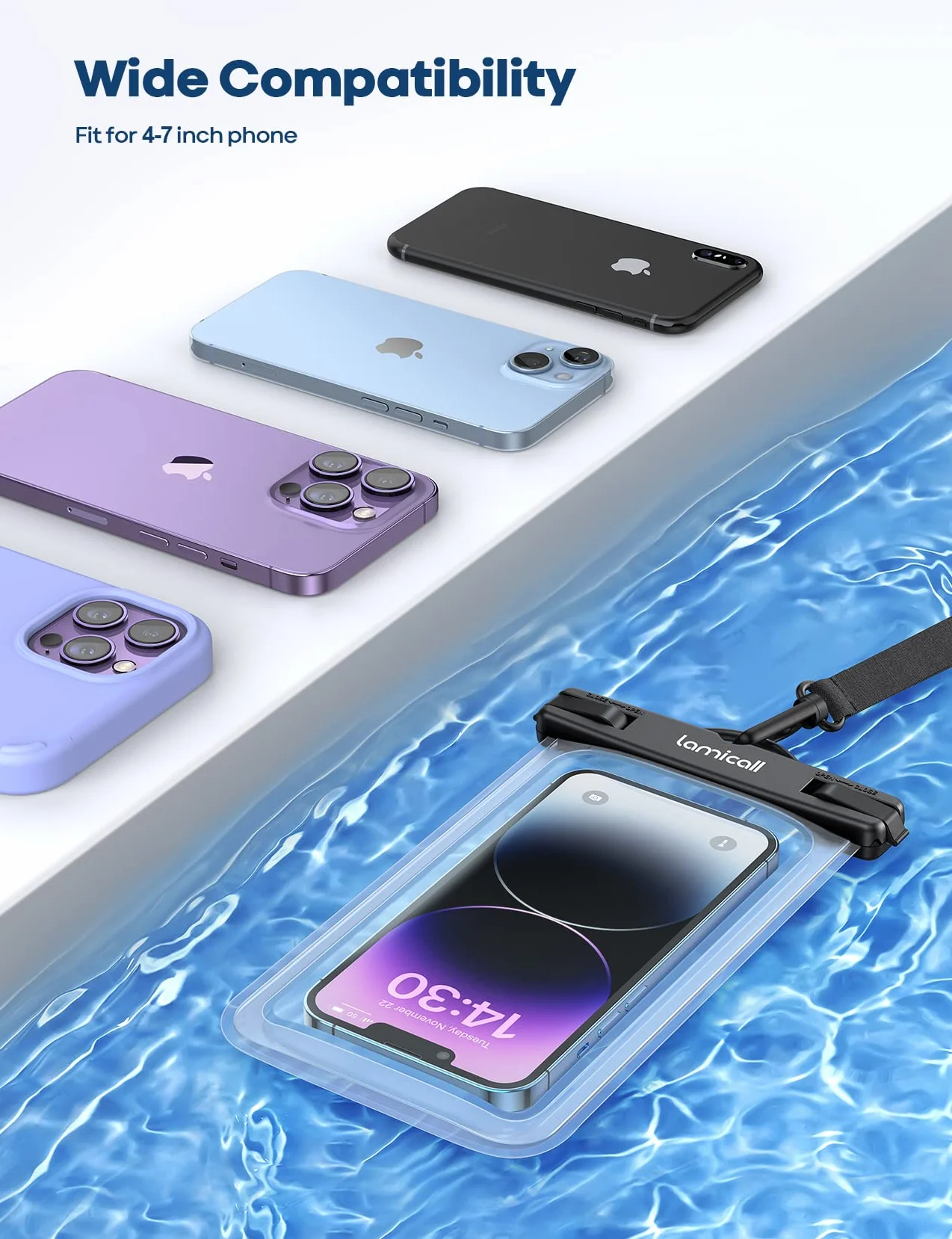 Lamicall Wodoodporne etui na telefon – wodoodporne etui na telefon IPX8 z klipsem do iPhone'a 17 16 15 14 13 12 Pro Max Plus Air Mini, Samsung S23 do 7 cali - przezroczyste