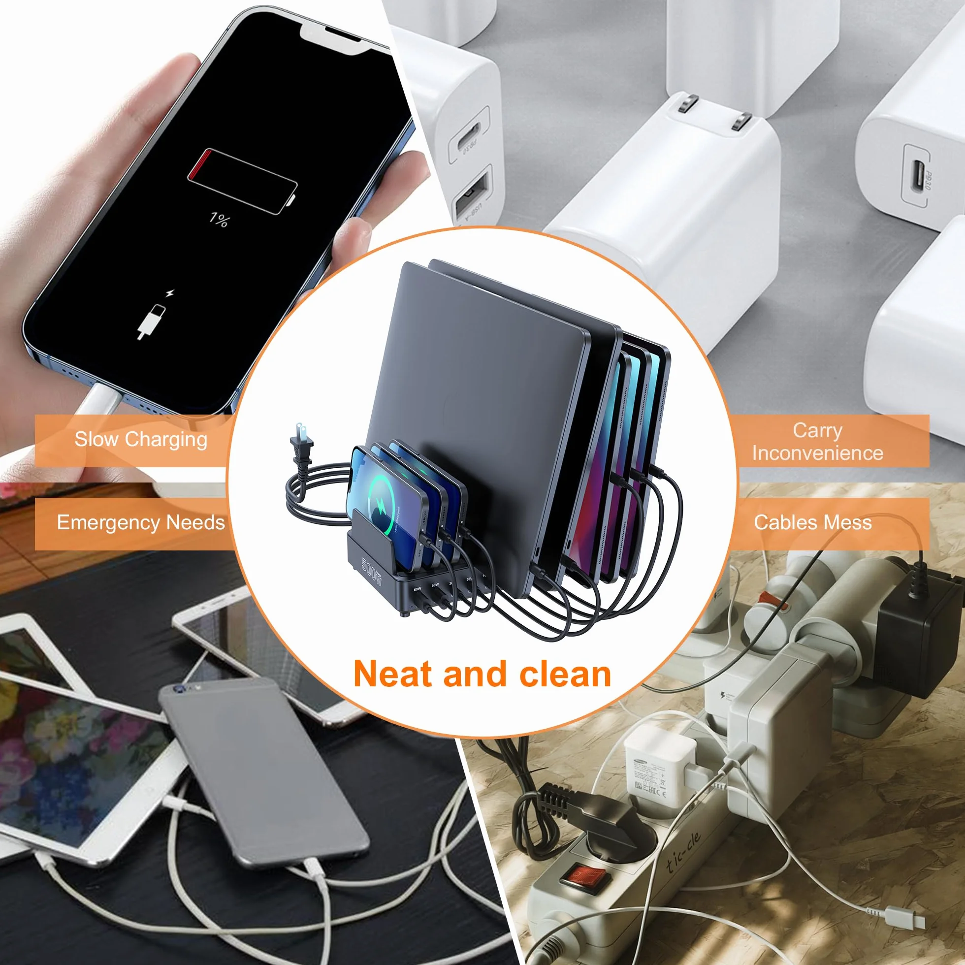 chipofy Stacja ładująca 500 W do wielu urządzeń, 10-portowa szybka stacja ładująca USB C, z organizerem do MacBooka, laptopa, iPada, iPhone'a 17, 16 Pro Max, Galaxy S25/S24 i innych