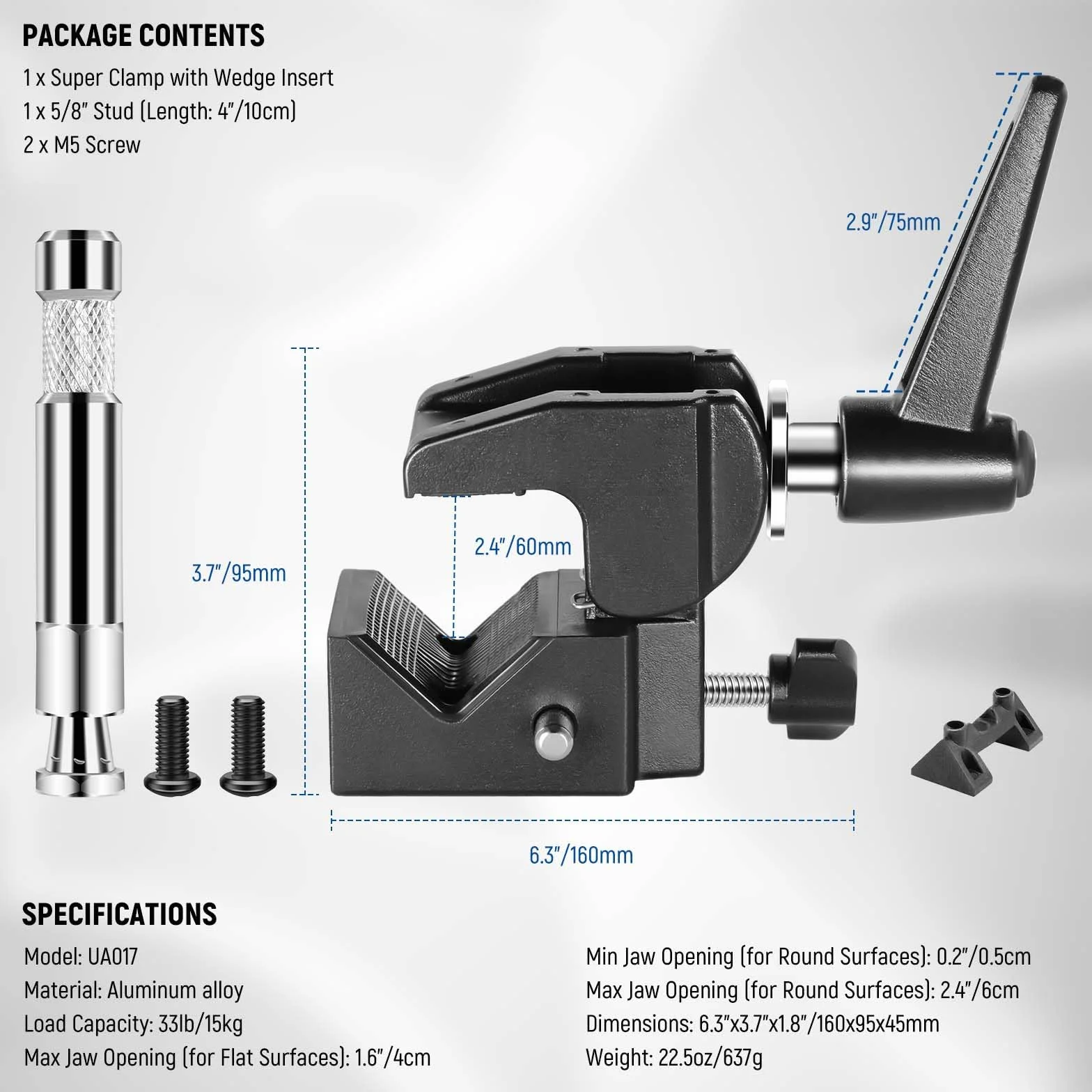 NEEWER Super zacisk z bolcem 5/8", zamknięcie sprężynowe, uchwyt szczękowy Heavy Duty Crab Pole Clamp do okrągłych rur, płaska powierzchnia, do studia fotograficznego, montażu oświetlenia, maks