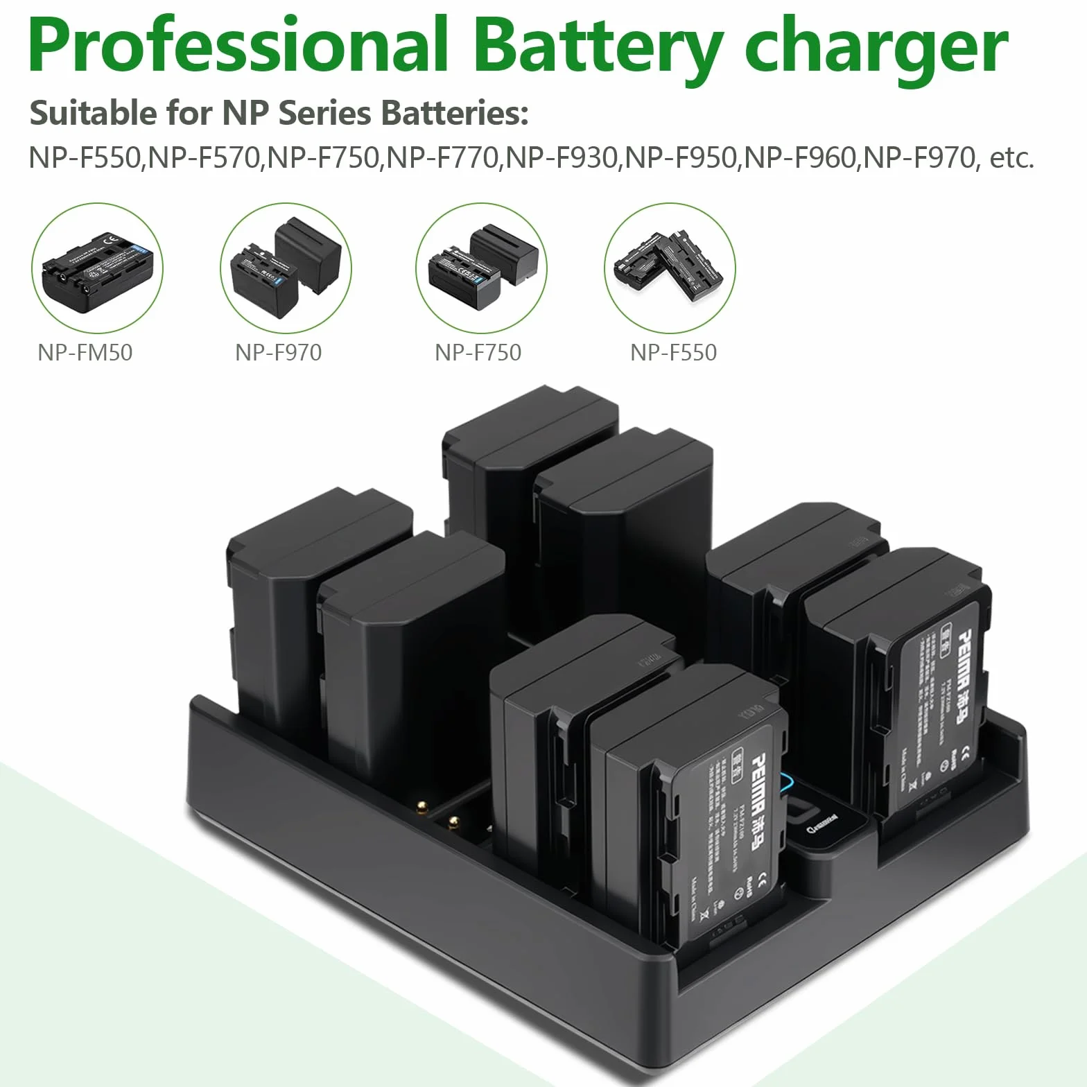 Peima C4B-8H szybka ładowarka do aparatu PD, 4-krotna NP-F PD i 8-krotna stacja ładująca FZ100, szybkie wejście USB-C PD, inteligentny wskaźnik stanu LED, kompaktowa konstrukcja