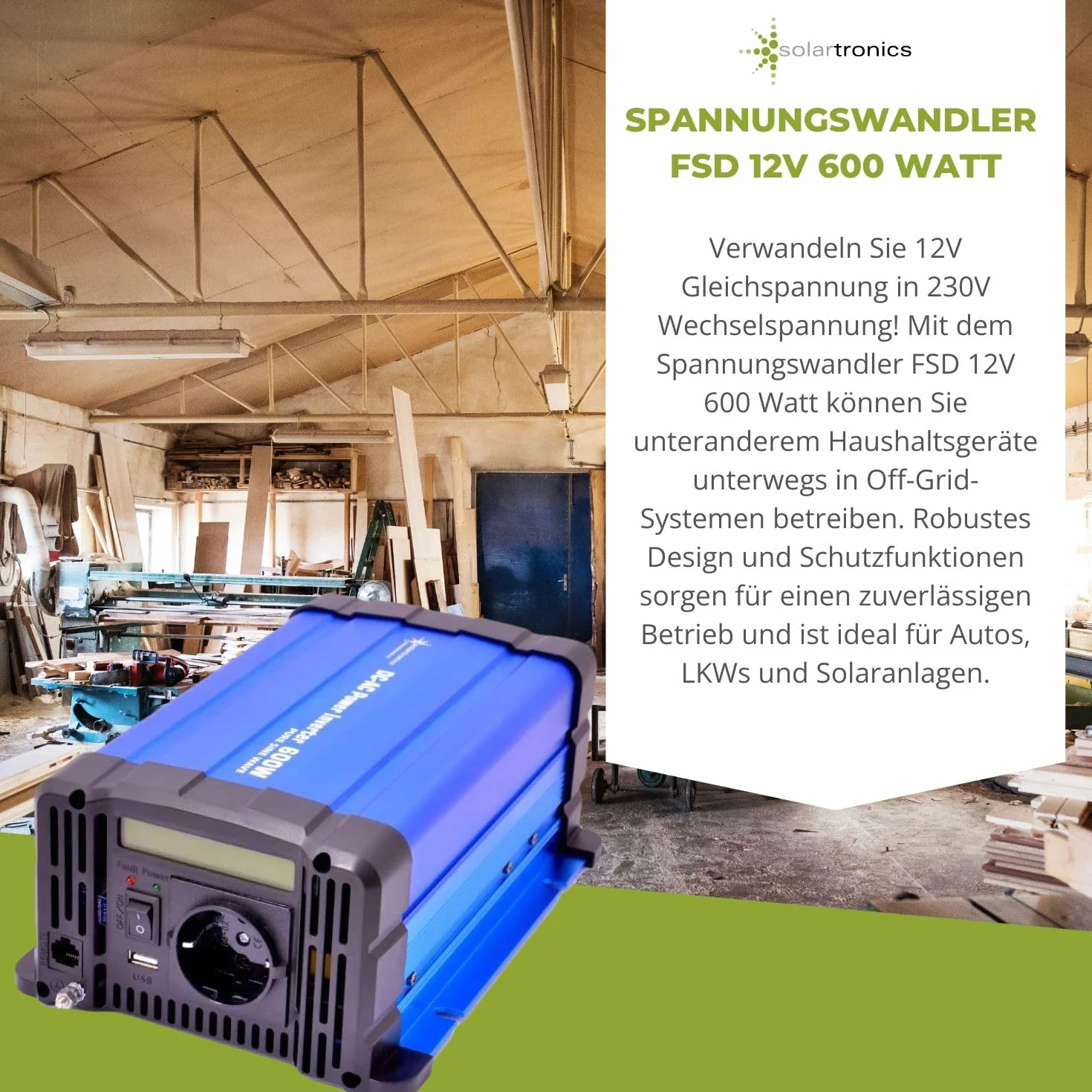 solartronics Przetwornica napięcia FS600D 12 V 600 W Czysty sinus niebieski m. Display Inverter falownik