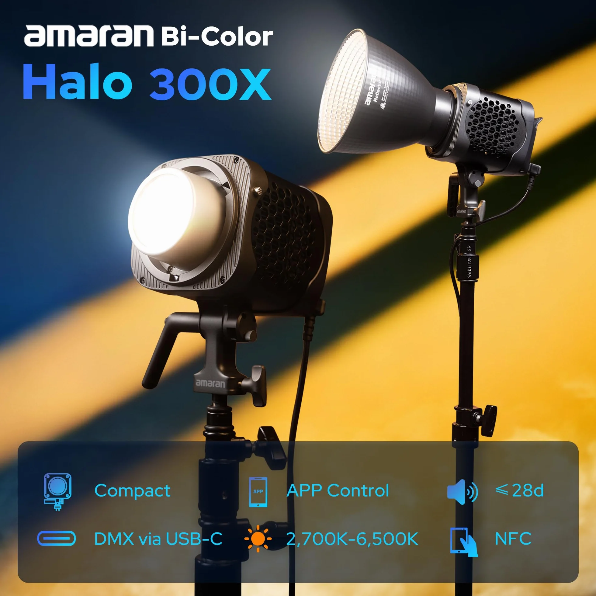 Amaran Halo 300x 305w Dwukolorowe światło LED do wideo 2700K-6500K z mocowaniem Bowens, kompaktowe światło COB, sterowanie przez aplikację, DMX, NFC