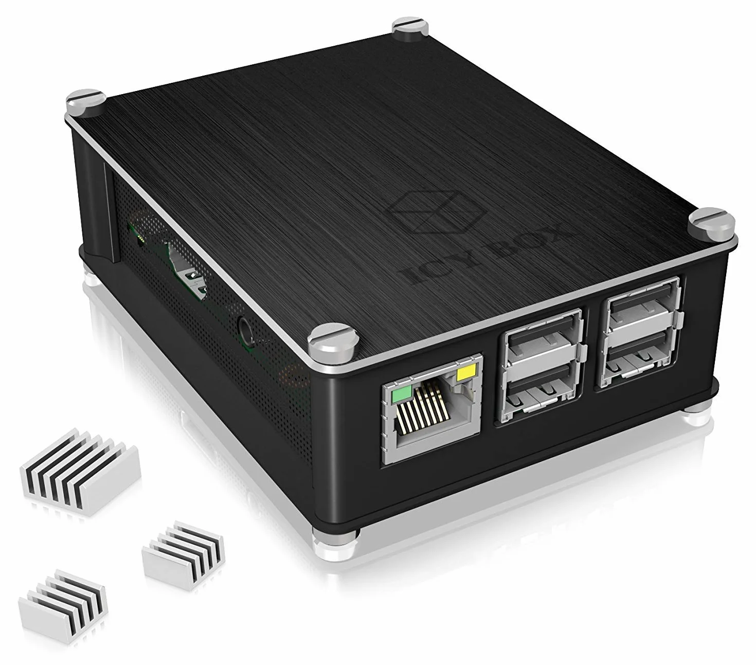 ICY BOX IB-RP102 obudowa do Raspberry Pi 2, Raspi 3 model B i Raspi 3 model B+, aluminium, 3 radiatory, przepuszczająca powietrze kratka boczna, czarna