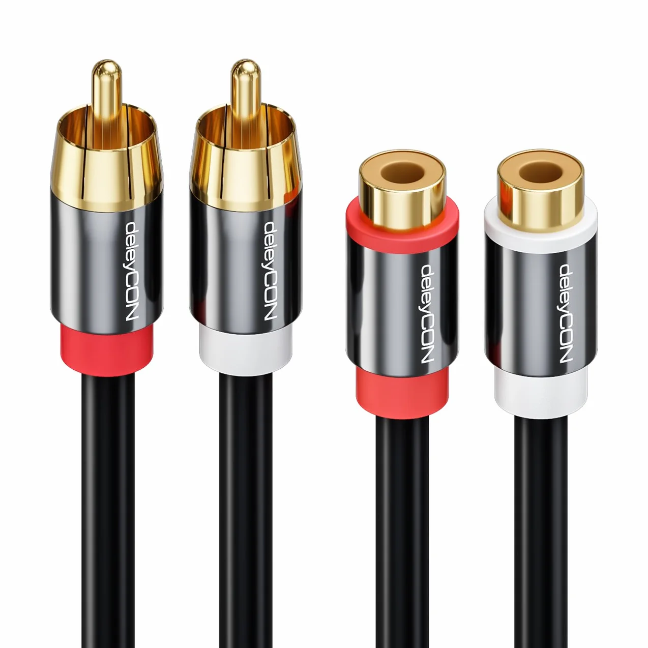deleyCON 3,0m Przedłużacz Cinch RCA Stereo Audio - 2x Wtyk do 2x Gniazdo - Pozłacane Metalowe Wtyki Czarny