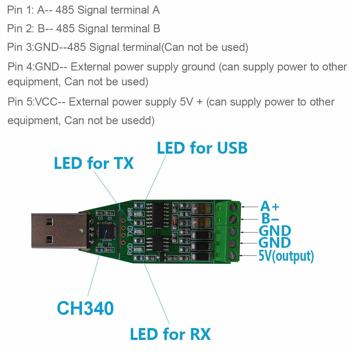 Konwerter USB na RS485 z chipem CH340, kompatybilny z Windows/Linux/Mac OS X
