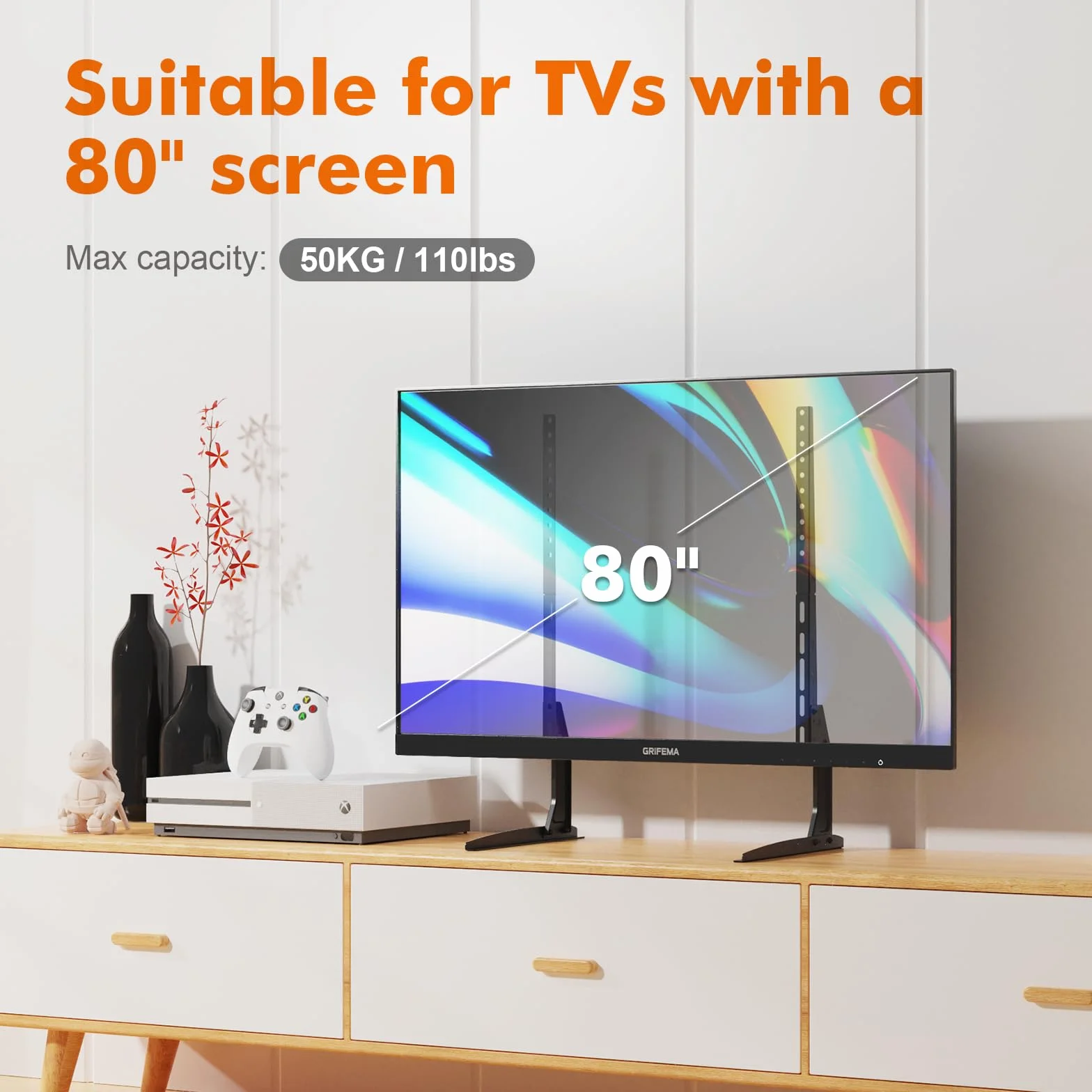 GRIFEMA Stojak na telewizor do ekranów 22-80'', obciążenie MAX 50 kg | Wsparcie Telewizja Stopa Wyświetlacz LED/OLED/Zakrzywiony/Płaski, MAX VESA 800x400mm -Czarny