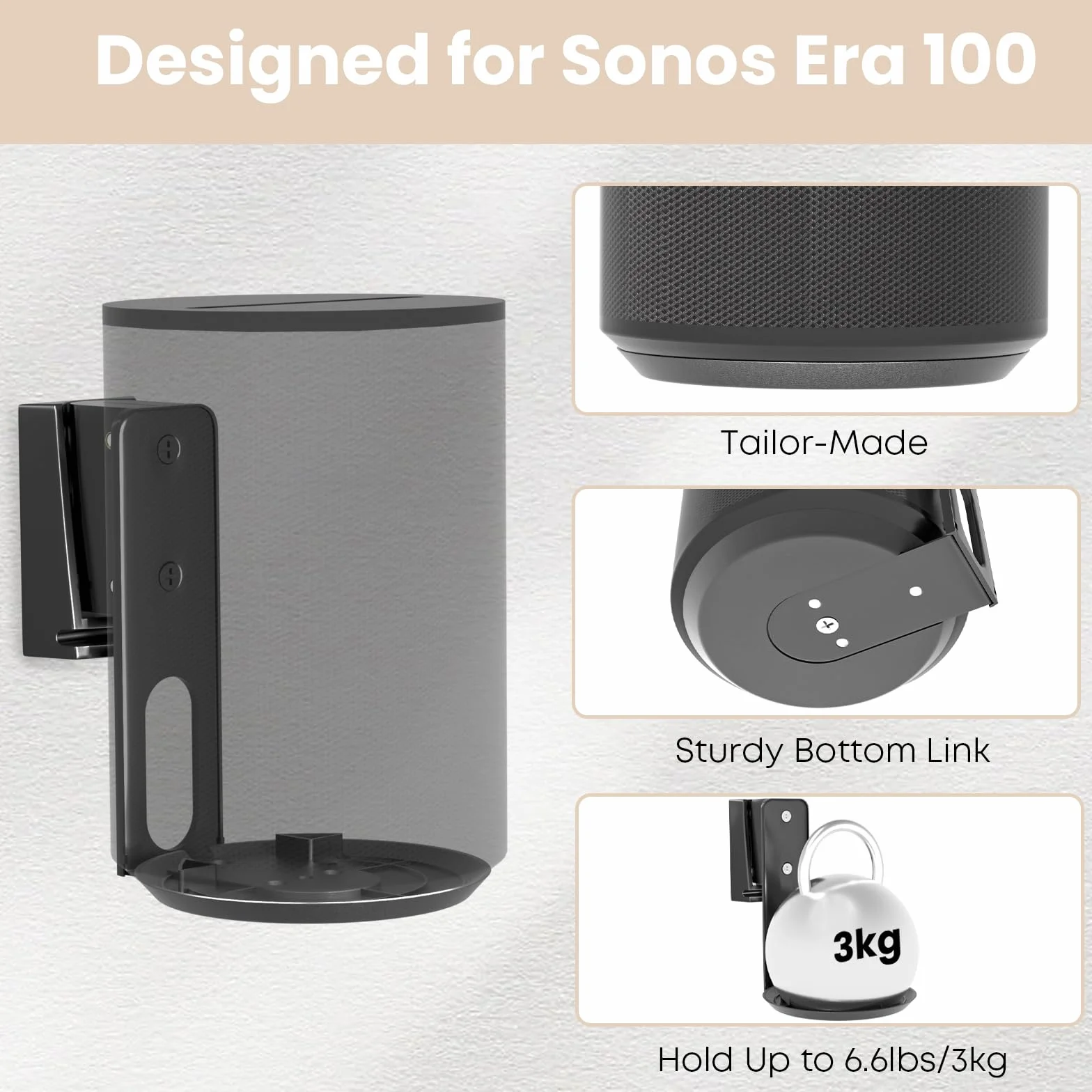 Uchwyt ścienny głośnika do Sonos Era 100, uchylny i obrotowy, 1 opakowanie, czarny | Wspornik półki głośnika dla lepszej przyjemności z dźwięku, zarządzanie kablami, nośność do 3 kg