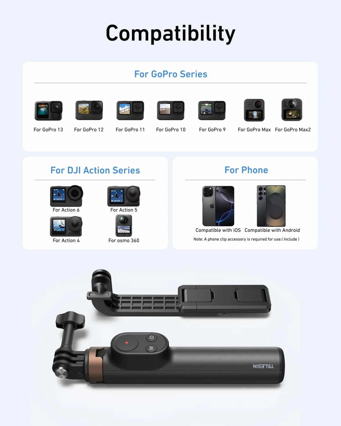 TELESIN Mini kij do selfie i statyw telefonu dla DJI Osmo 360 Action 6/5/4, GoPro Hero 13/12/11, statyw do vlogowania z pilotem na odległość 80 m i klipsem do telefonu dla iPhone i Android, przenośne