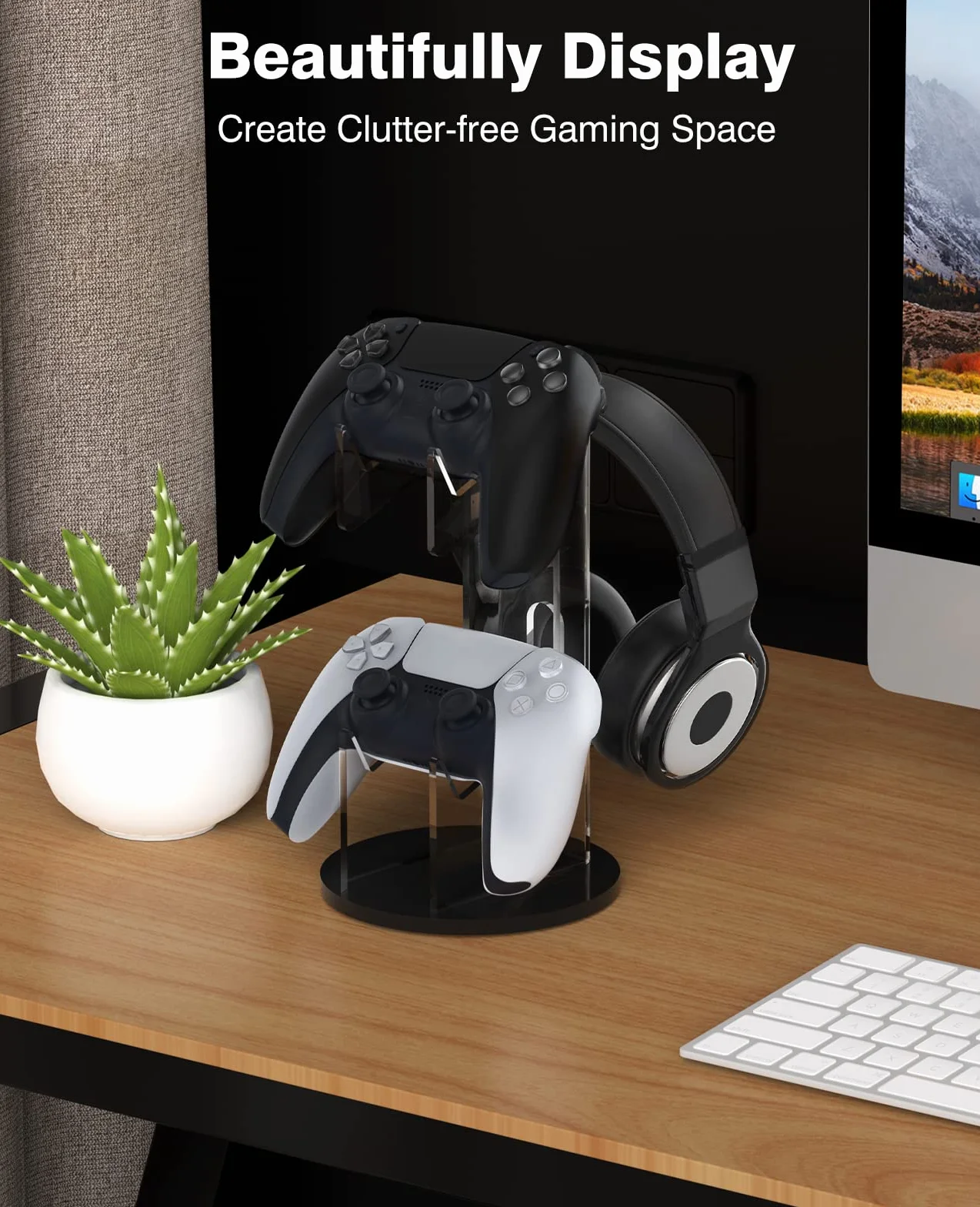 MoKo Universal Stand for Gamepad and Headphone Stand, 2 in 1 Game Controller Support Holder Storage Organizer for Switch/Switch 2, ps5, ps4, xbox One, Xbox Series, Gaming Accessories, Black & Clear | Wysokiej jakości akryl. Podkładka antypoślizgowa. Kompa