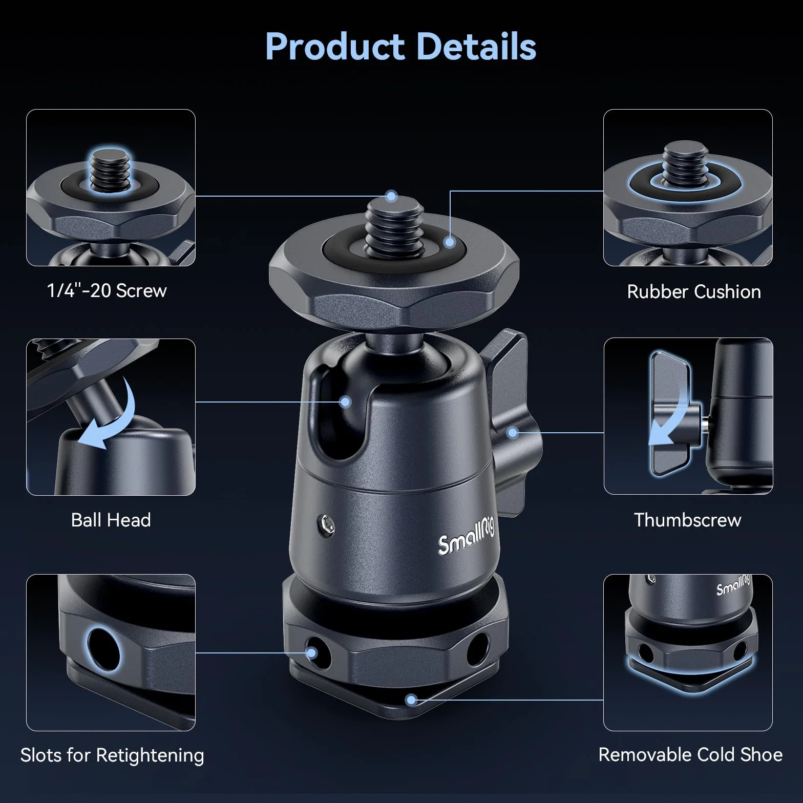 SMALLRIG mini Ball Head Minigłowica Kulowa (2 sztuki) ze śrubą 1/4" i Zdejmowanym Uchwytem na Stopkę, Aluminiowa Głowica Statywu Obracana o 360 Stopni do Statywów, maks. Obciążenie 1,5kg - 2948B