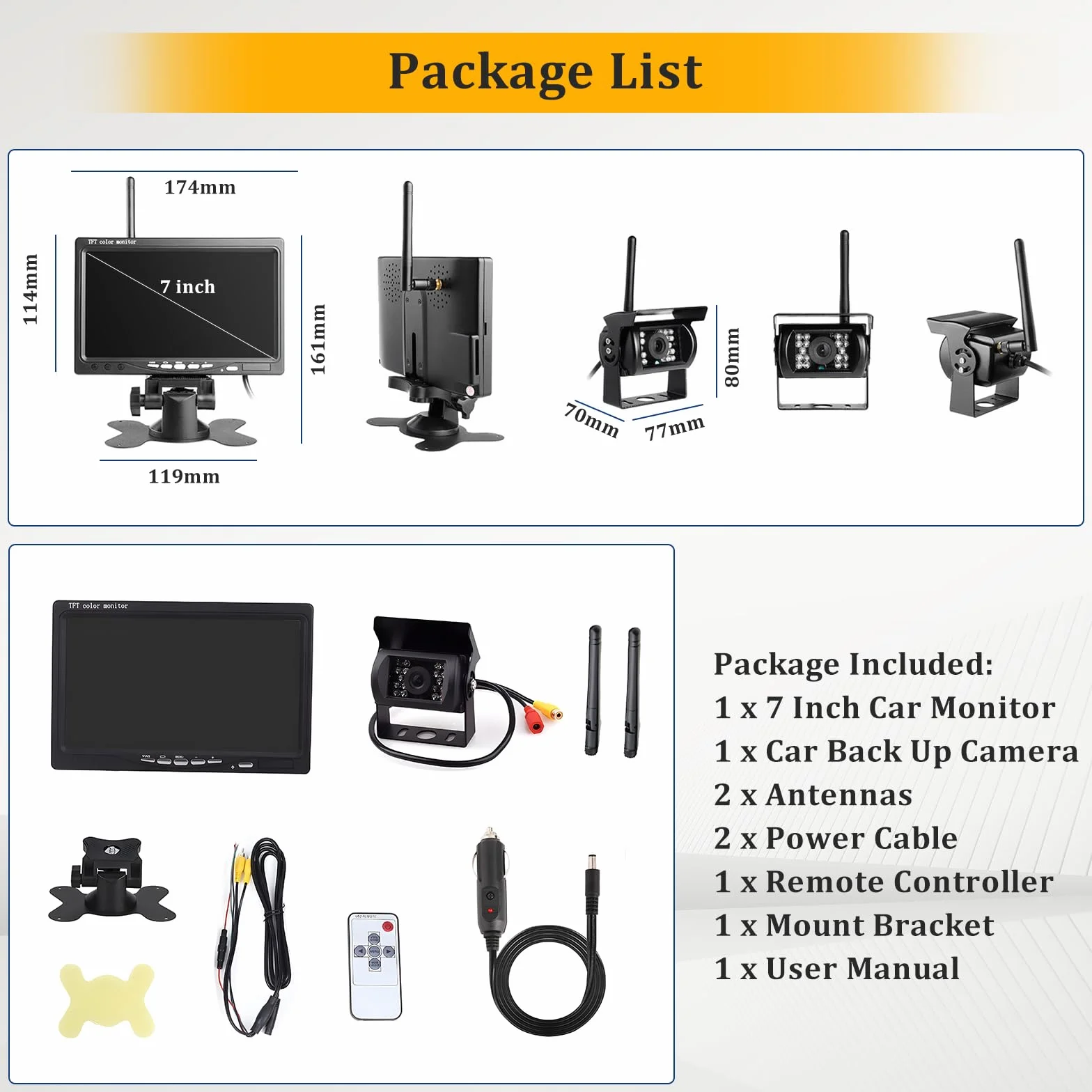 Hikity Kamera cofania, bezprzewodowa, stabilne sygnały, kamera cofania, zestaw radiowy z 7-calowym monitorem LCD, wodoodporność IP67, noktowizor, bezprzewodowy asystent parkowania dla samochodów cięża