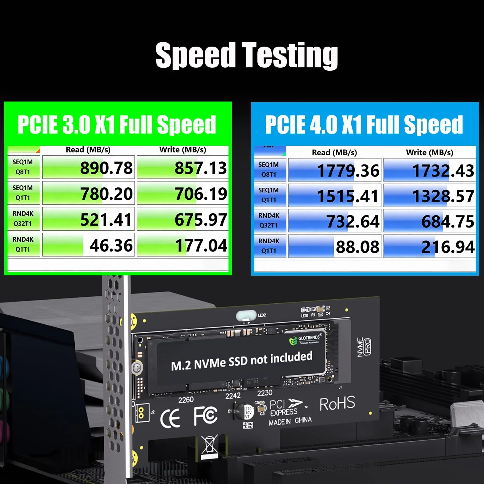 GLOTRENDS PA09-X1 Adapter M.2 NVMe na PCIe X1 dla 2230/2242/2260/2280 M.2 NVMe SSD, instalacja PCIe X1