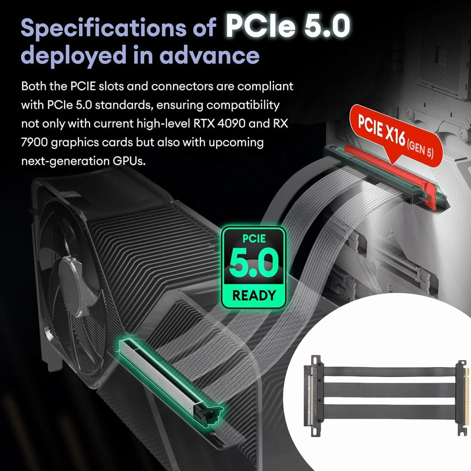 banapoy Kabel Nośny PCIE 5.0, Przedłużacz Karty Graficznej GPU 128 Gb/s Gen 5, Elastyczna Karta Przedłużająca dla 5090 RX8900 RX7900XTX do Pionowego Montażu GPU (40cm)