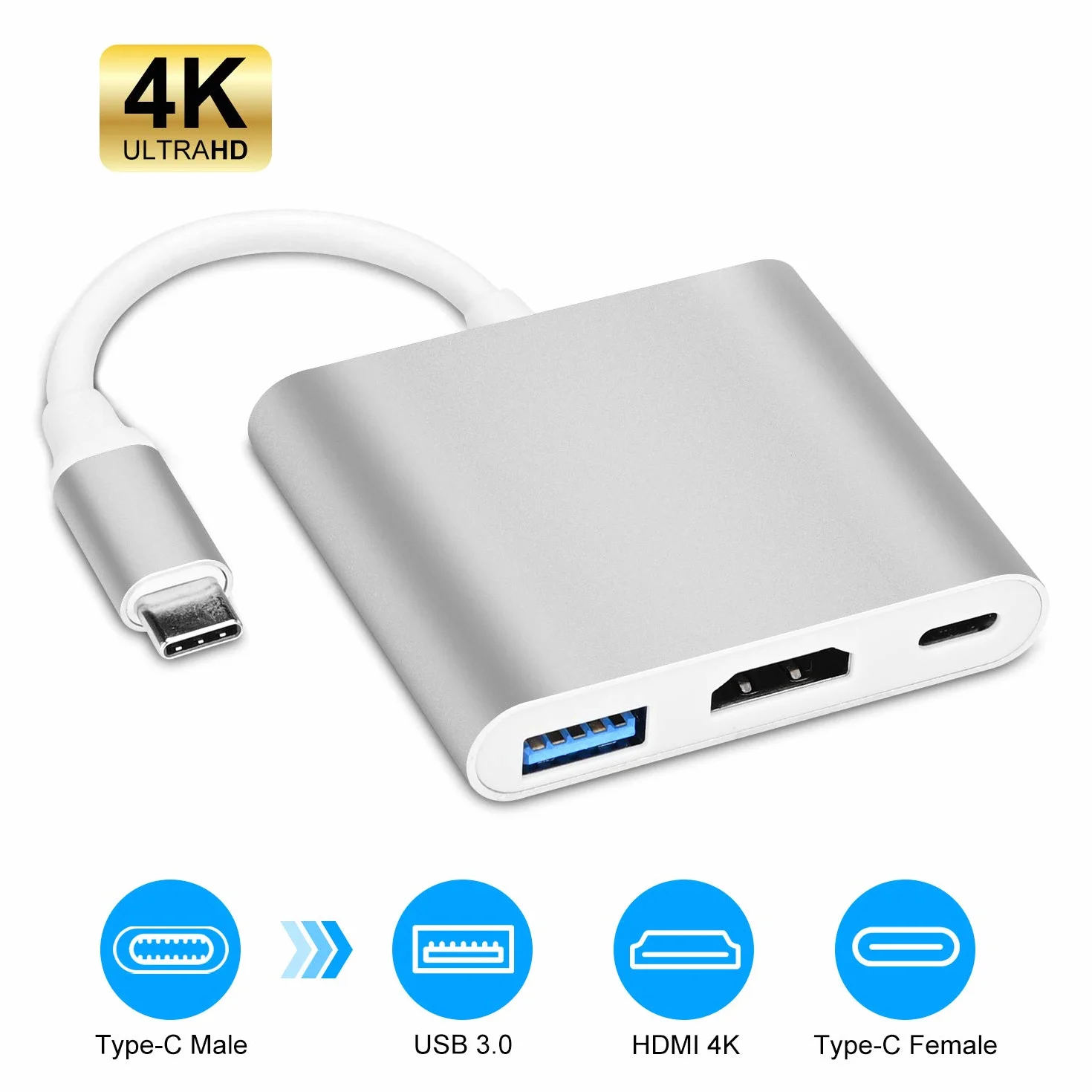 Adapter USB-C na HDMI Samsung Galaxy S8/S9 MacBook Air iPad Pro 2020 Dell XPS 13/15 srebrny