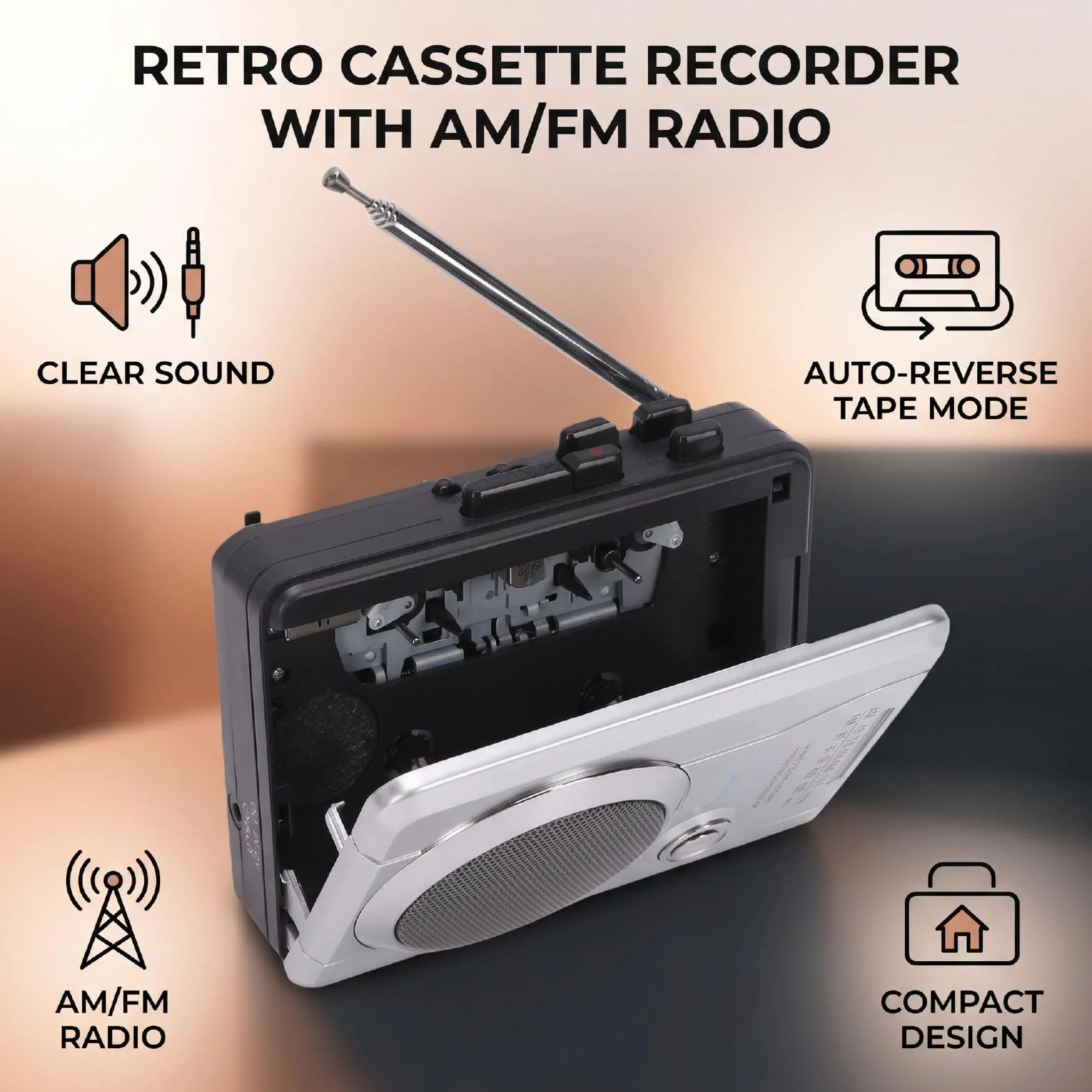 Bewinner Radio AM FM w Stylu Retro z funkcją Automatycznego Cofania i Gniazdem Słuchawkowym | Magnetofon kasetowy ABS, przenośny odtwarzacz muzyki, zabytkowe urządzenie audio, słuchanie na zewnątrz, akcesorium do