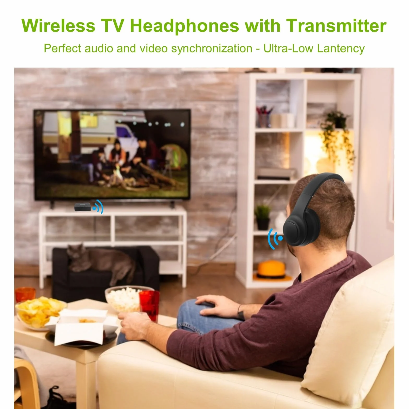 Bezprzewodowe słuchawki z nadajnikiem do oglądania telewizji, redukcja szumów, słuchawki telewizyjne dla seniorów, dźwięk stereo HD, zestaw słuchawkowy Bluetooth, bez opóźnienia dźwięku, czas