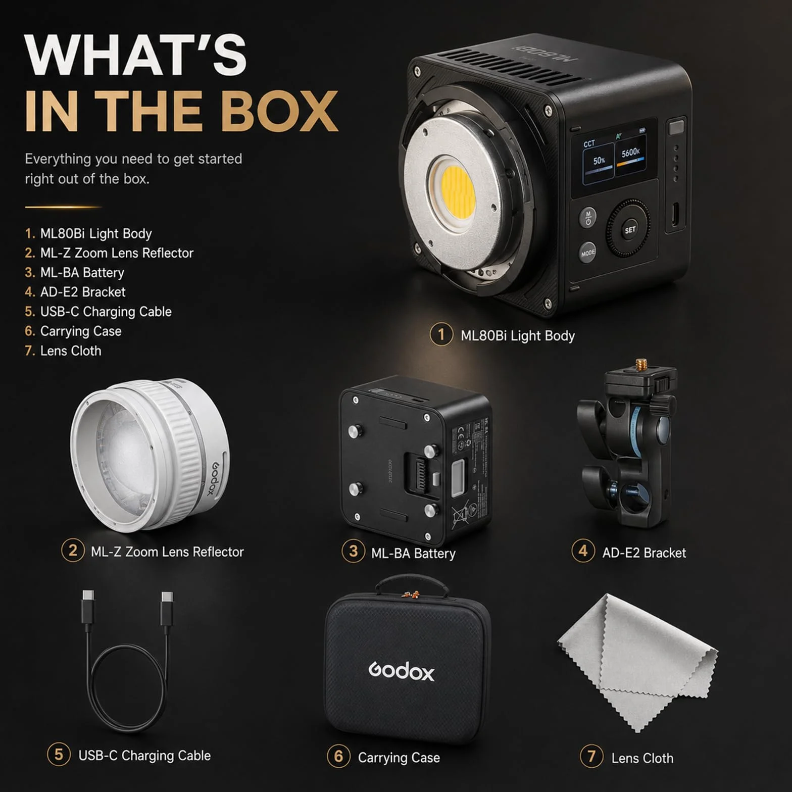 Godox ML80Bi Bi-kolorowa lampa wideo LED 2800–6500 K, 29 600 lx, kompaktowa modułowa lampa z obiektywem zmiennoogniskowym, sterowanie za pomocą aplikacji i sieci bezprzewodowej, CRI 96 TLCI 96