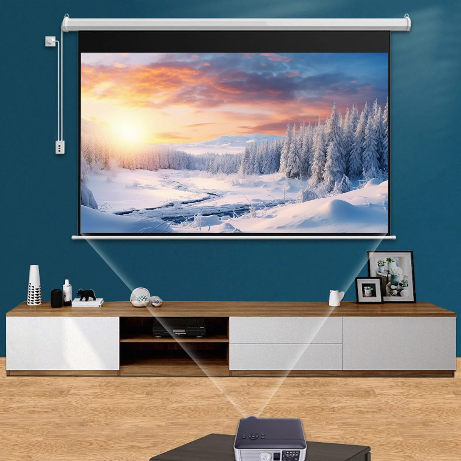 60/72/84-calowy elektryczny ekran projekcyjny 4K HD z pilotem, montowany na ścianie lub suficie, HD, o proporcjach 16:9, do domu, kina, kina, wewnątrz(60IN)