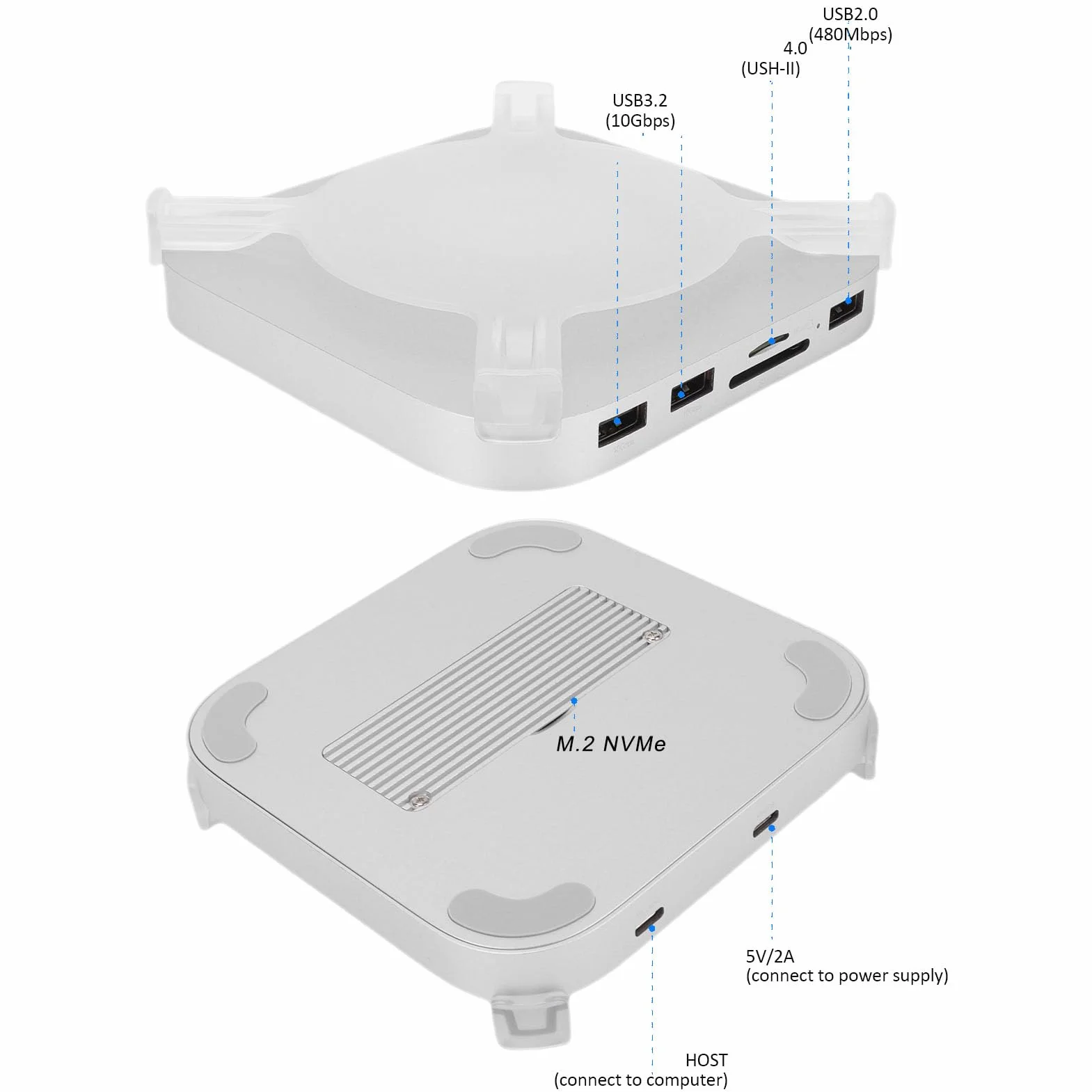Stacja Dokująca do M4 i M4 Pro 2024, Stojak na obudowę NVMe SSD z Portami USB-A 10 Gb/s, Czytnik Kart SD/TF 4.0, Adapter Koncentratora USB-C Aluminium Srebrny