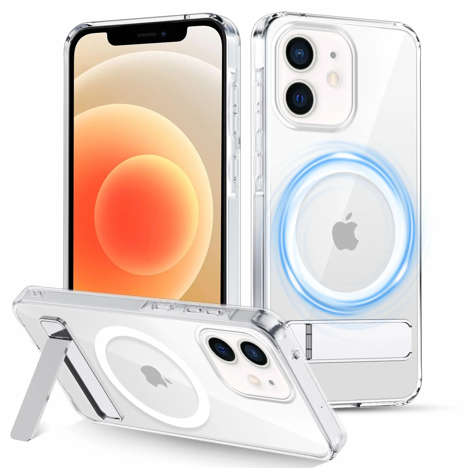 XTCASE Etui do iPhone 12/12 Pro, magnetyczne, kompatybilne z Magsafe, przezroczyste, z metalowym stojakiem, odporne na uderzenia, odporne na zarysowania, przezroczyste