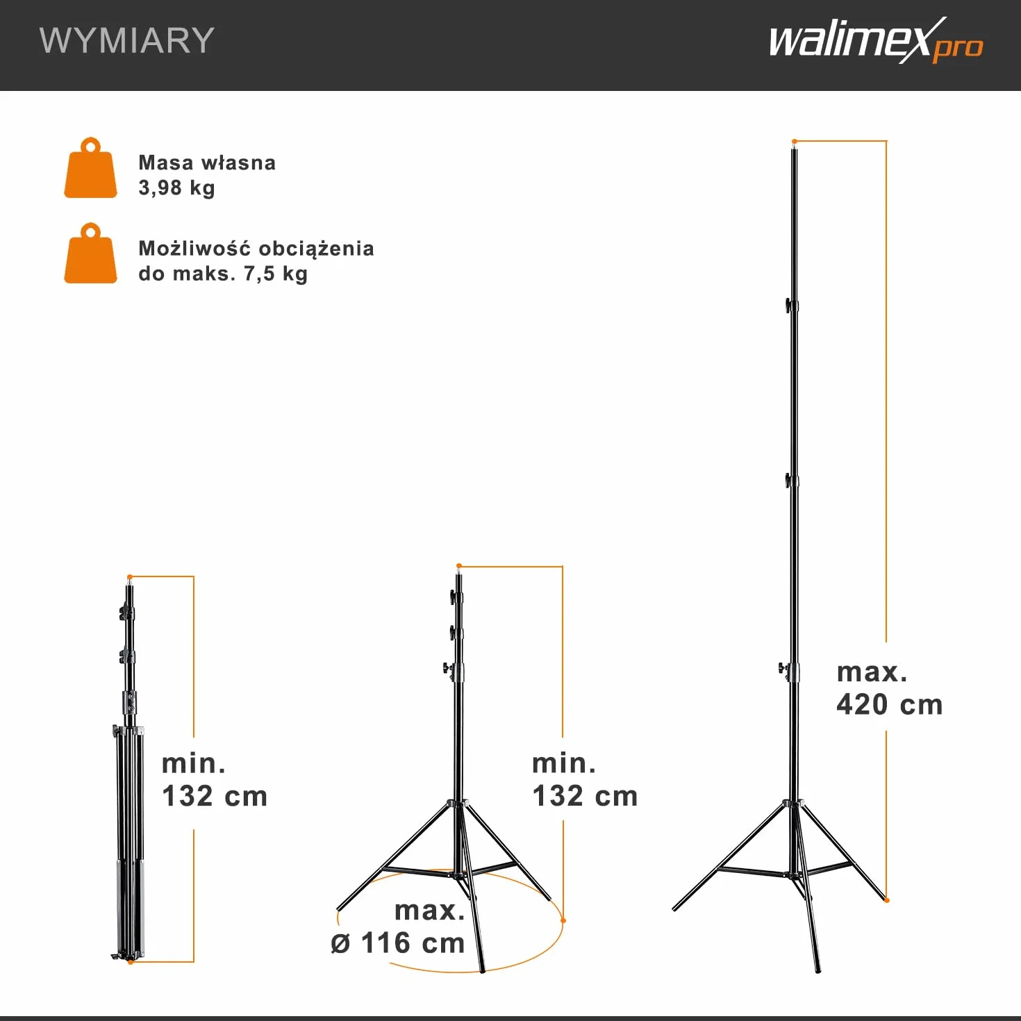 Walimex pro WT-420 stojak na lampę 420 cm - statyw świetlny z tłumieniem sprężynowym, wysokość maks. 420 cm, nośność 7,5 kg, rurki 40 mm, aluminiowy stojak świetlny do studia fotograficznego na zewnątrz