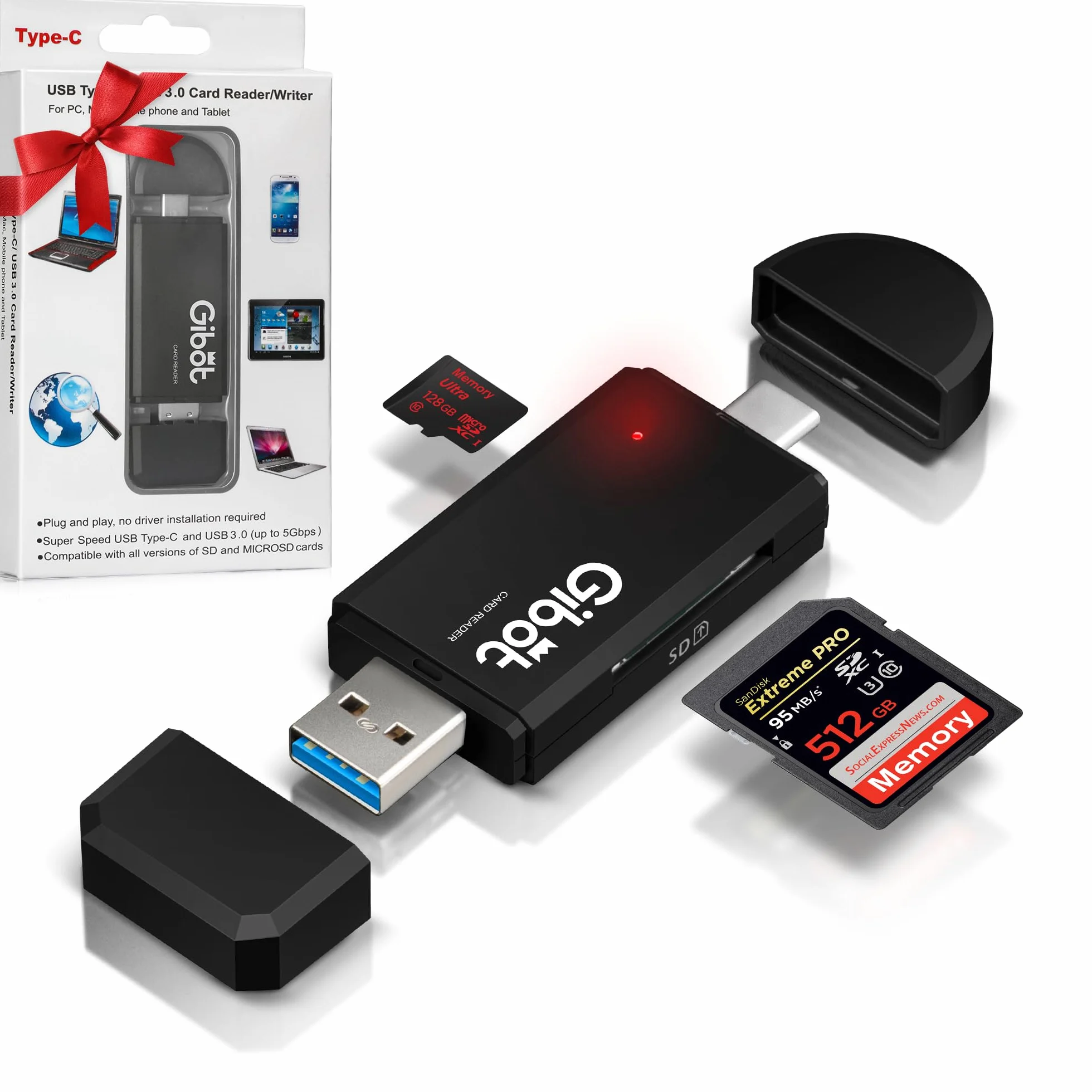 Gibot 3.0 Czytnik Kart SD/Micro SD Z USB Typu C i Micro USB OTG - Adapter Do Samsunga, Huawei, Smartfonów Z Androidem, MacBooka i Laptopów PC