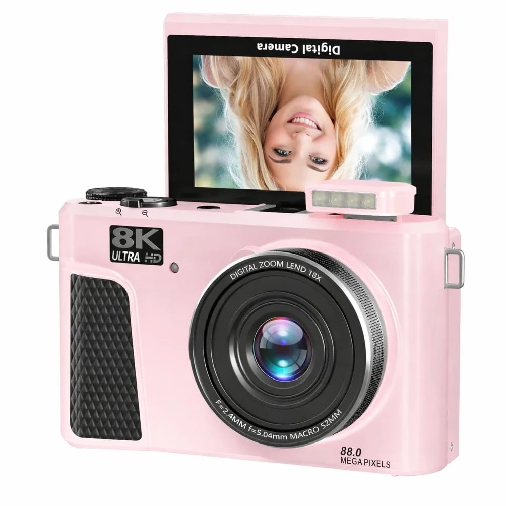 Vikye Cyfrowy Aparat Fotograficzny 8K do Fotografii, Aparat do Vlogowania 88 MP dla Początkujących Podróżujących z 3-calowym Ekranem Odchylanym o 180°, Kompaktowe Aparaty Podróżne 18X (PINK)