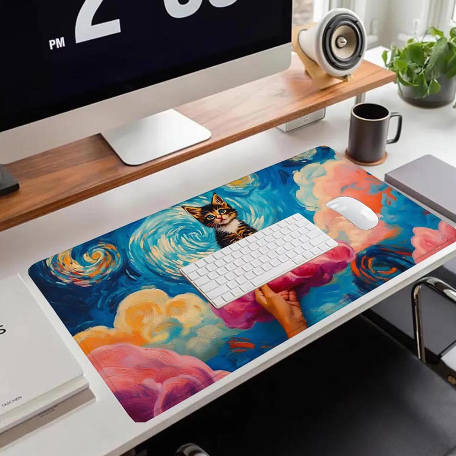 Gamingowa podkładka pod mysz 1200 x 600 x 3 mm, XXL, wodoszczelna, odporna na ścieranie, ze zszytymi krawędziami, podkładka na biurko, poprawia prędkość i precyzję, pod laptopa, komputera, wzór kota